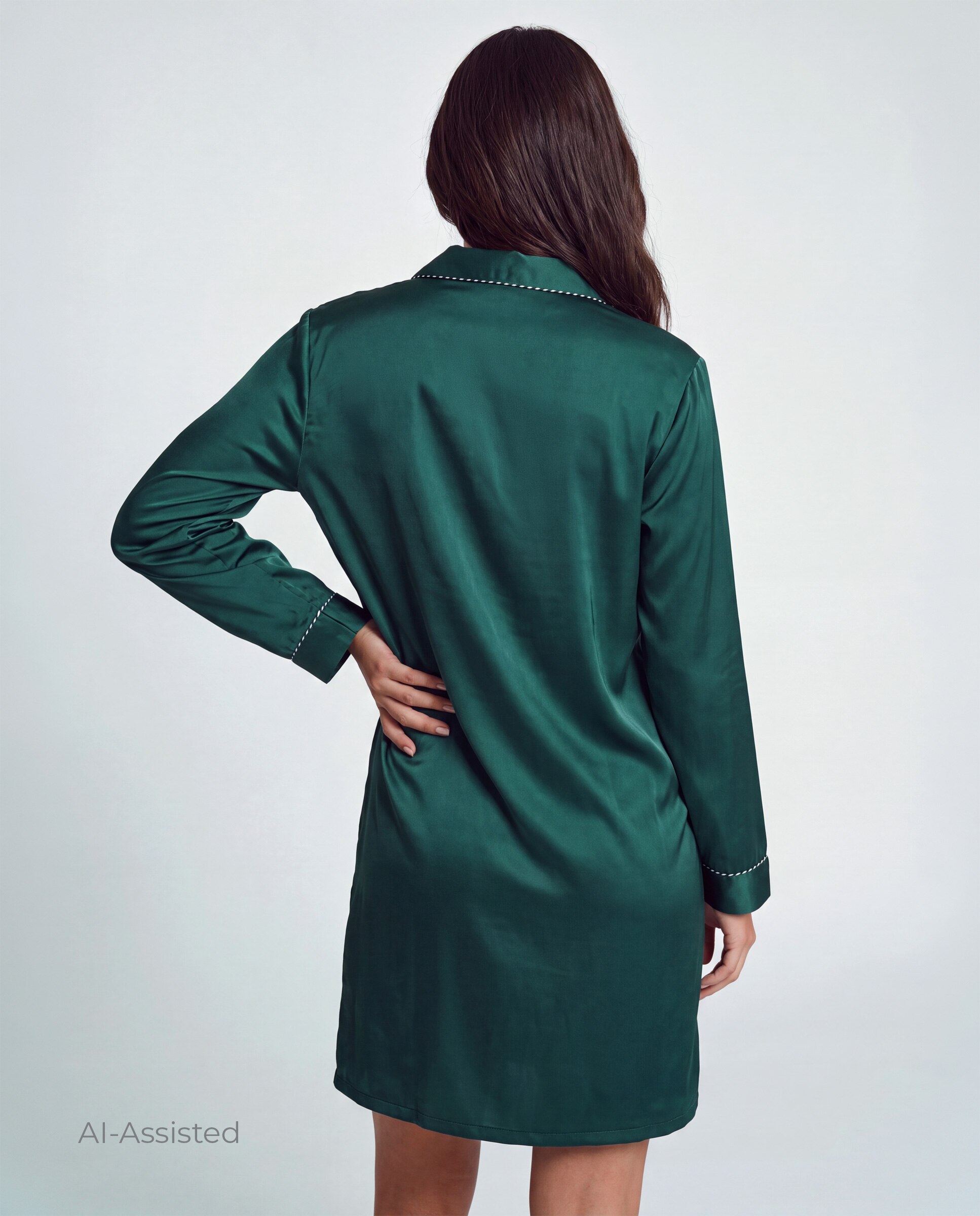 Camisón camisero satinado de mujer con cierre delantero de botones - Selmark - Verde oscuro Verde oscuro-2