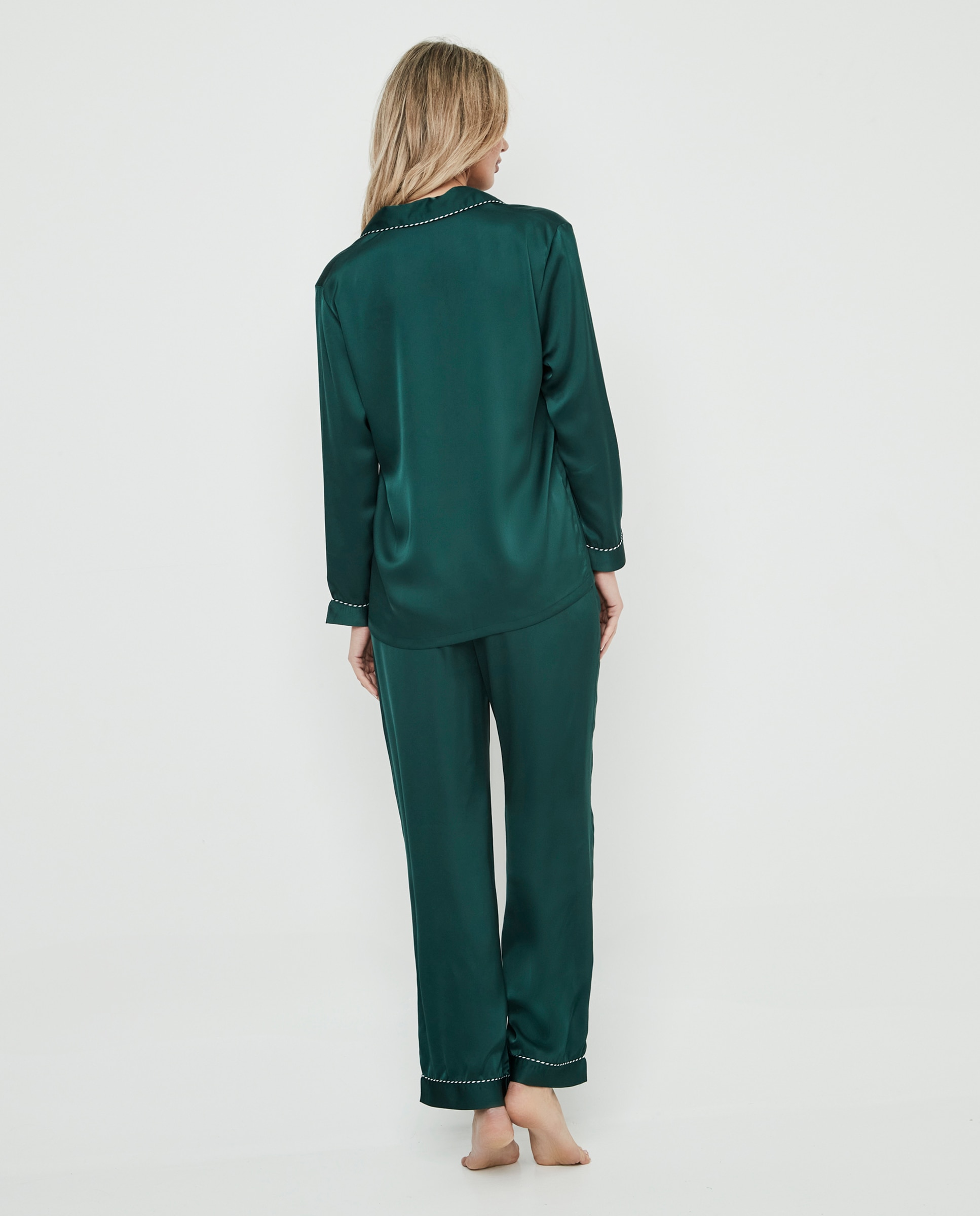 Pijama camisero de mujer satinado liso - Selmark - Verde oscuro Verde oscuro-2