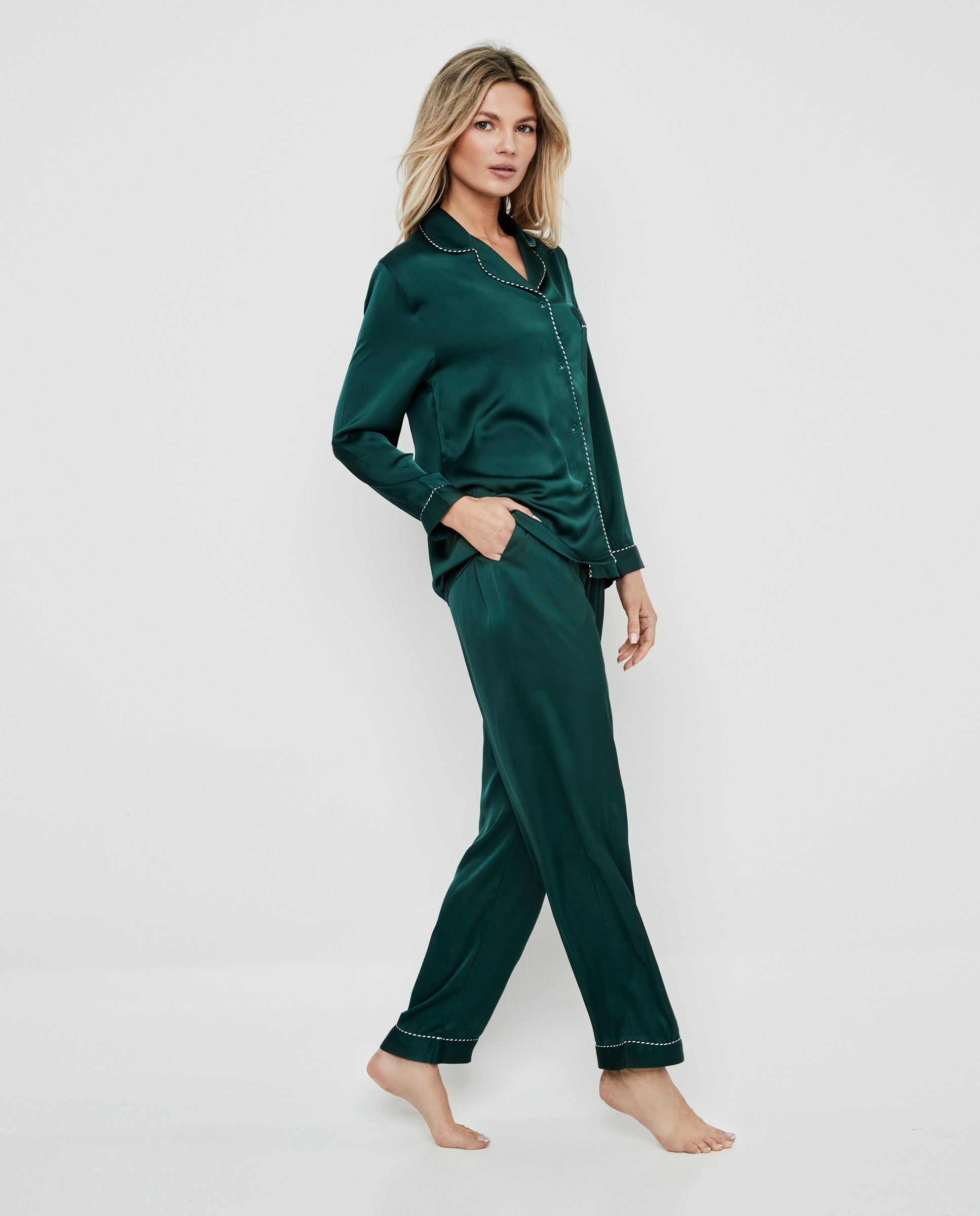 Pijama camisero de mujer satinado liso - Selmark - Verde oscuro Verde oscuro-3