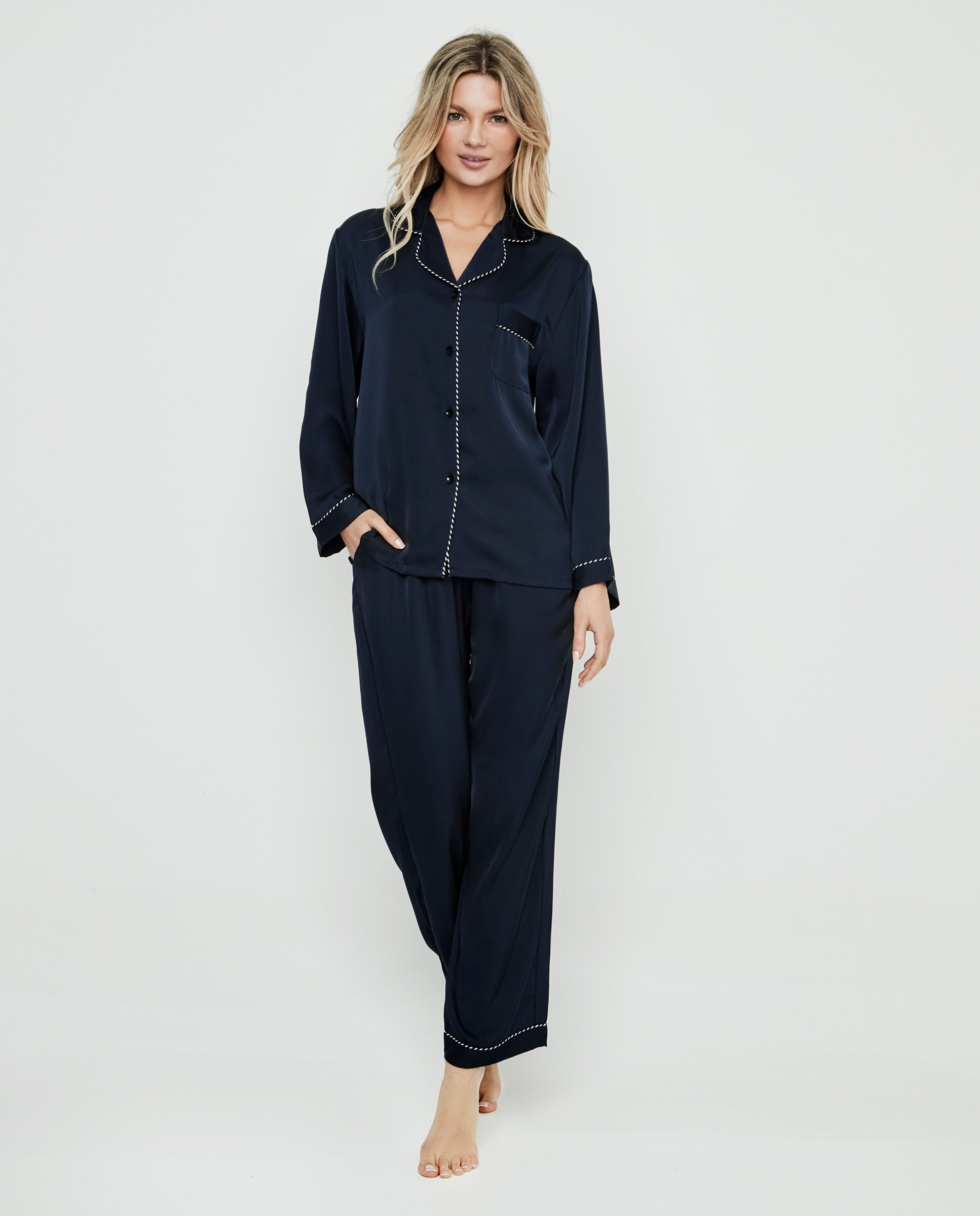 Pijama camisero de mujer satinado liso - Selmark - Azul marino Azul marino-1