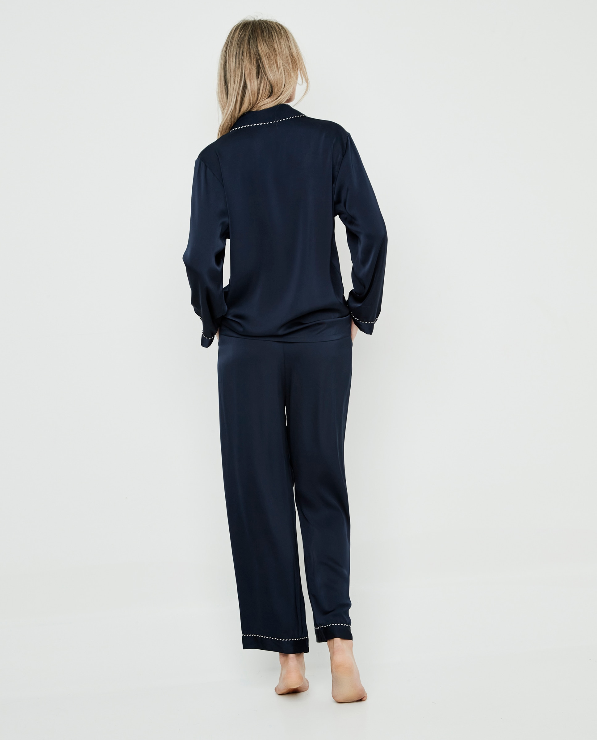 Pijama camisero de mujer satinado liso - Selmark - Azul marino Azul marino-2