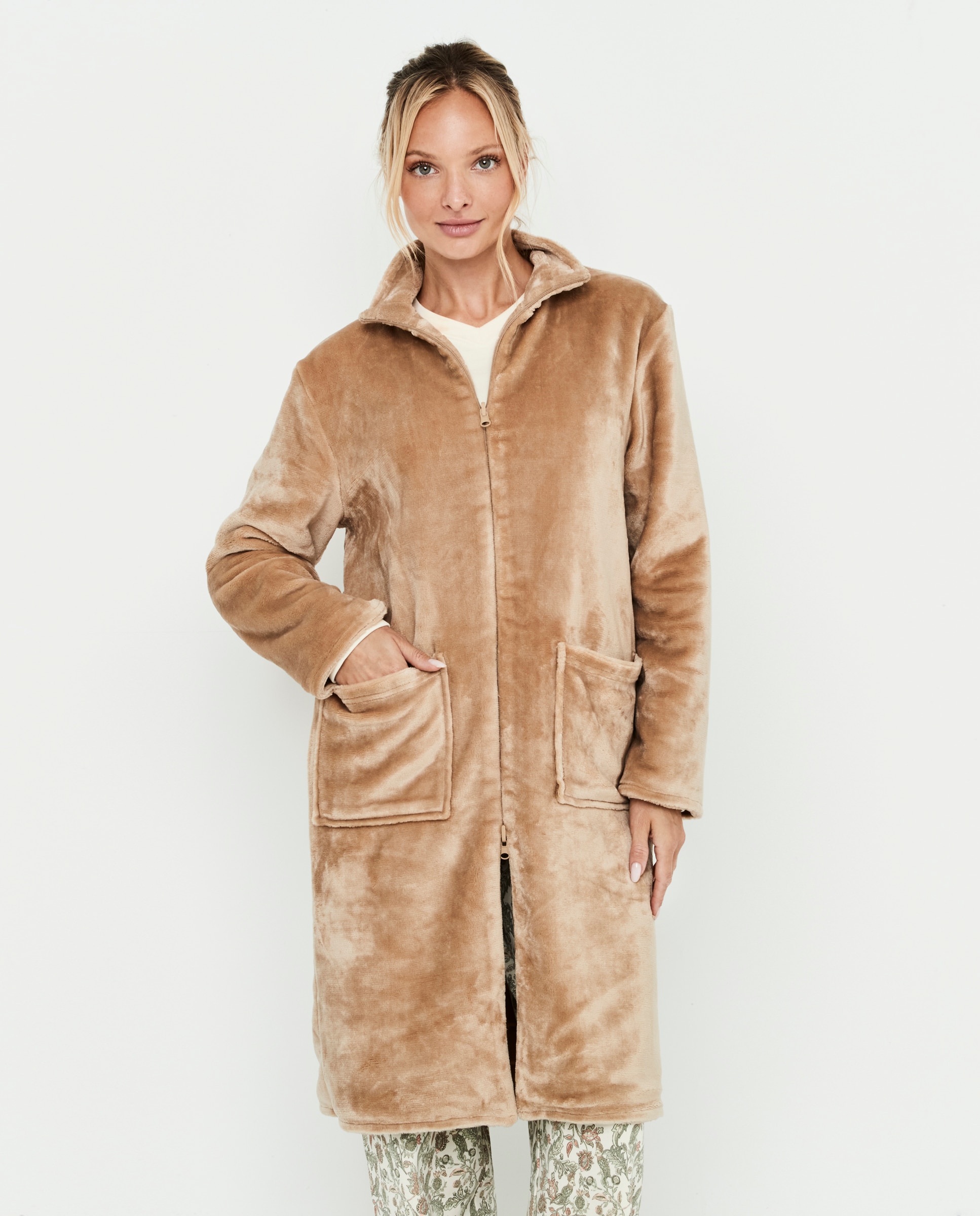 Bata reversible de mujer, con cremallera y bolsillos delanteros - Selmark - Camel Camel-1