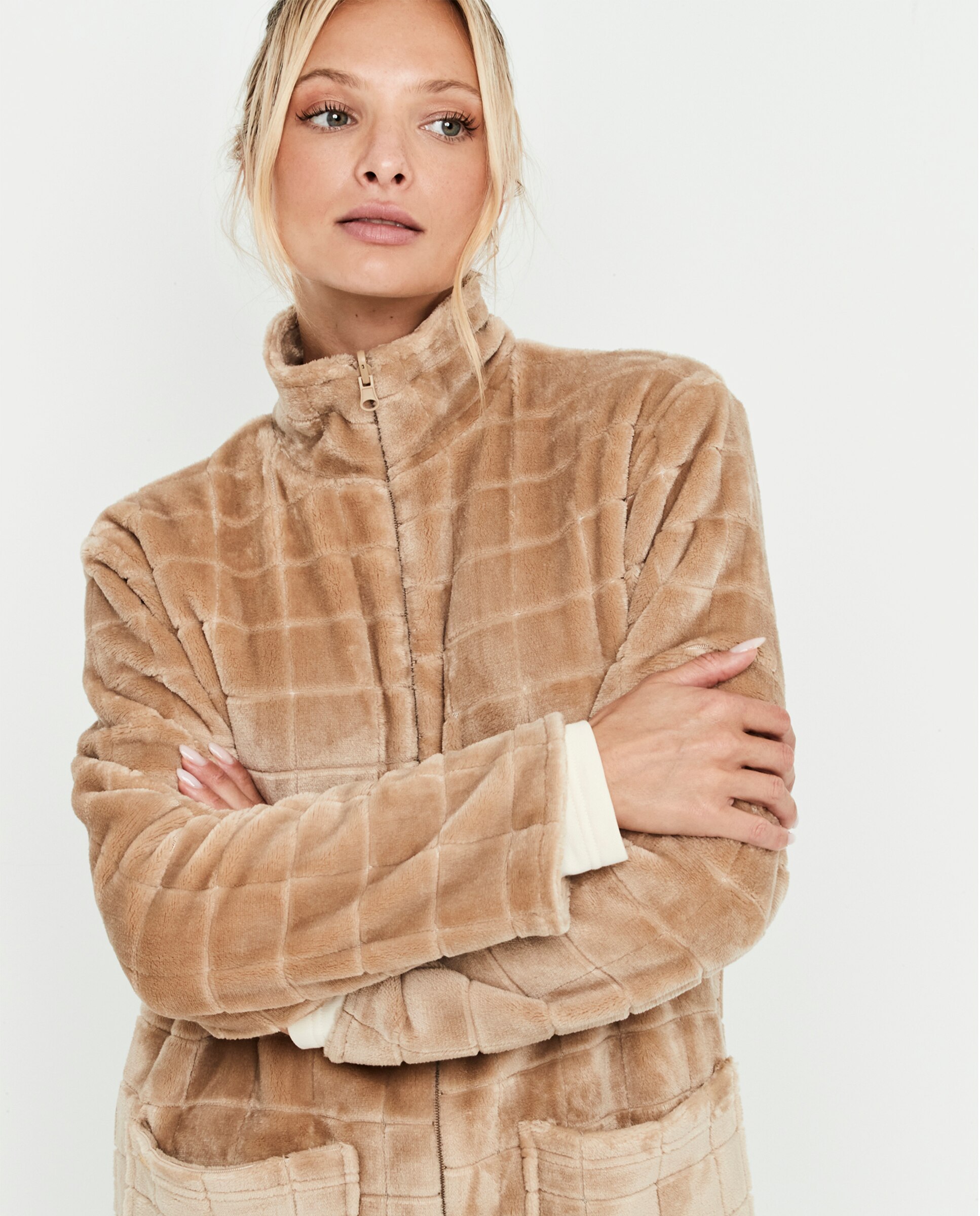 Bata reversible de mujer, con cremallera y bolsillos delanteros - Selmark - Camel Camel-3