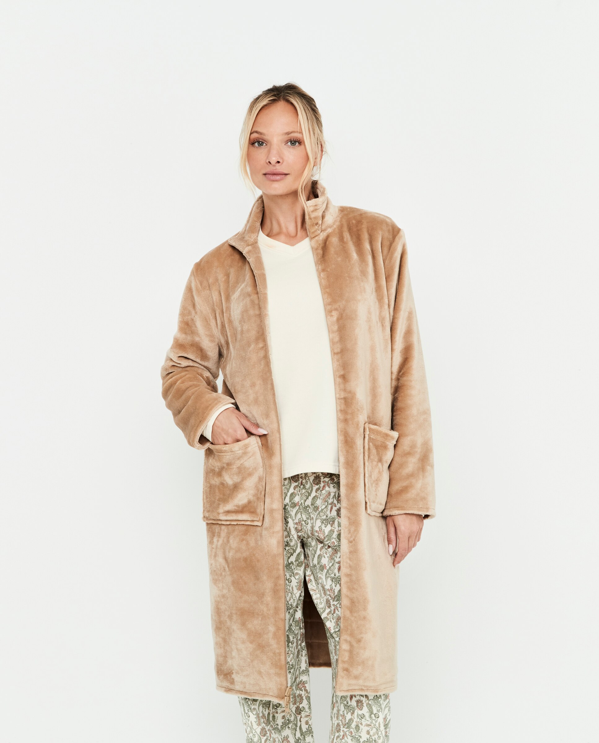 Bata reversible de mujer, con cremallera y bolsillos delanteros - Selmark - Camel Camel-4