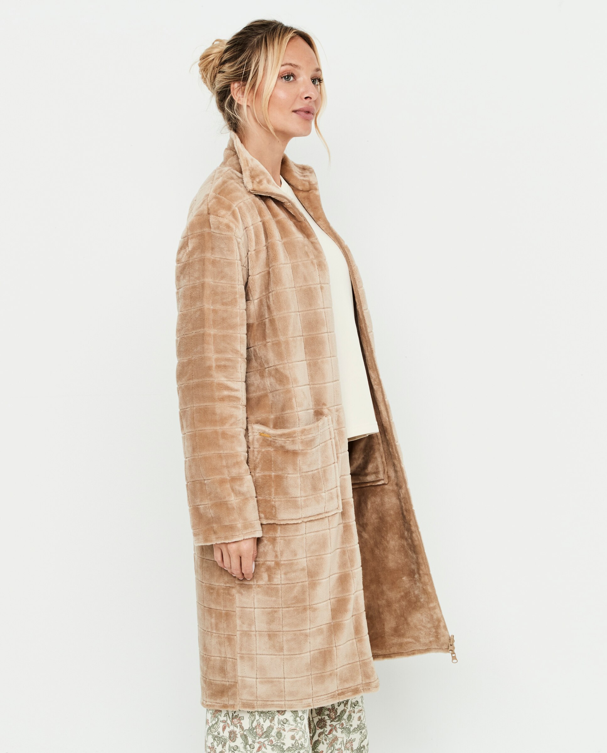 Bata reversible de mujer, con cremallera y bolsillos delanteros - Selmark - Camel Camel-6