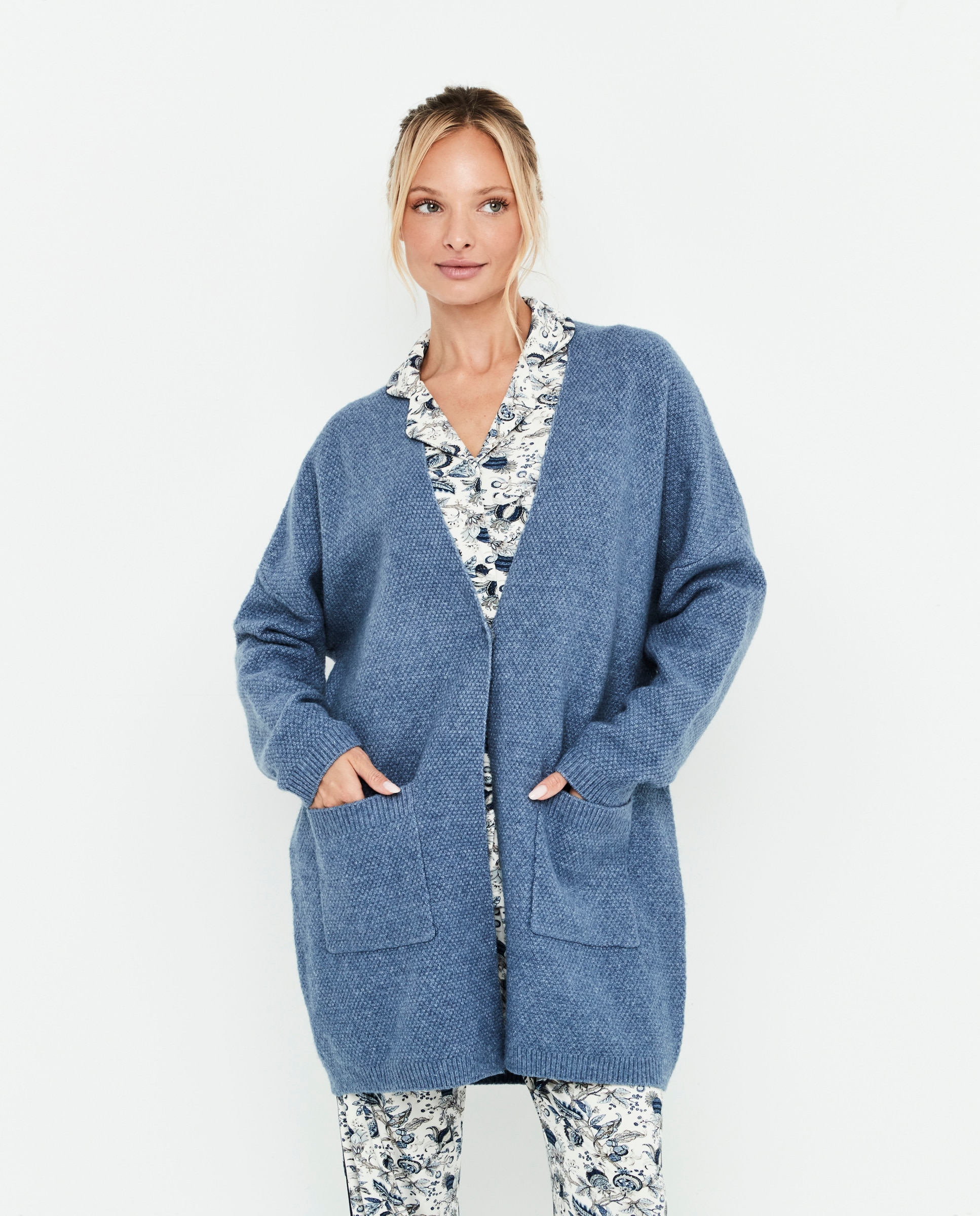 Chaqueta de mujer, punto arroz y bolsillos delanteros - Selmark - Azul denim Azul denim-1