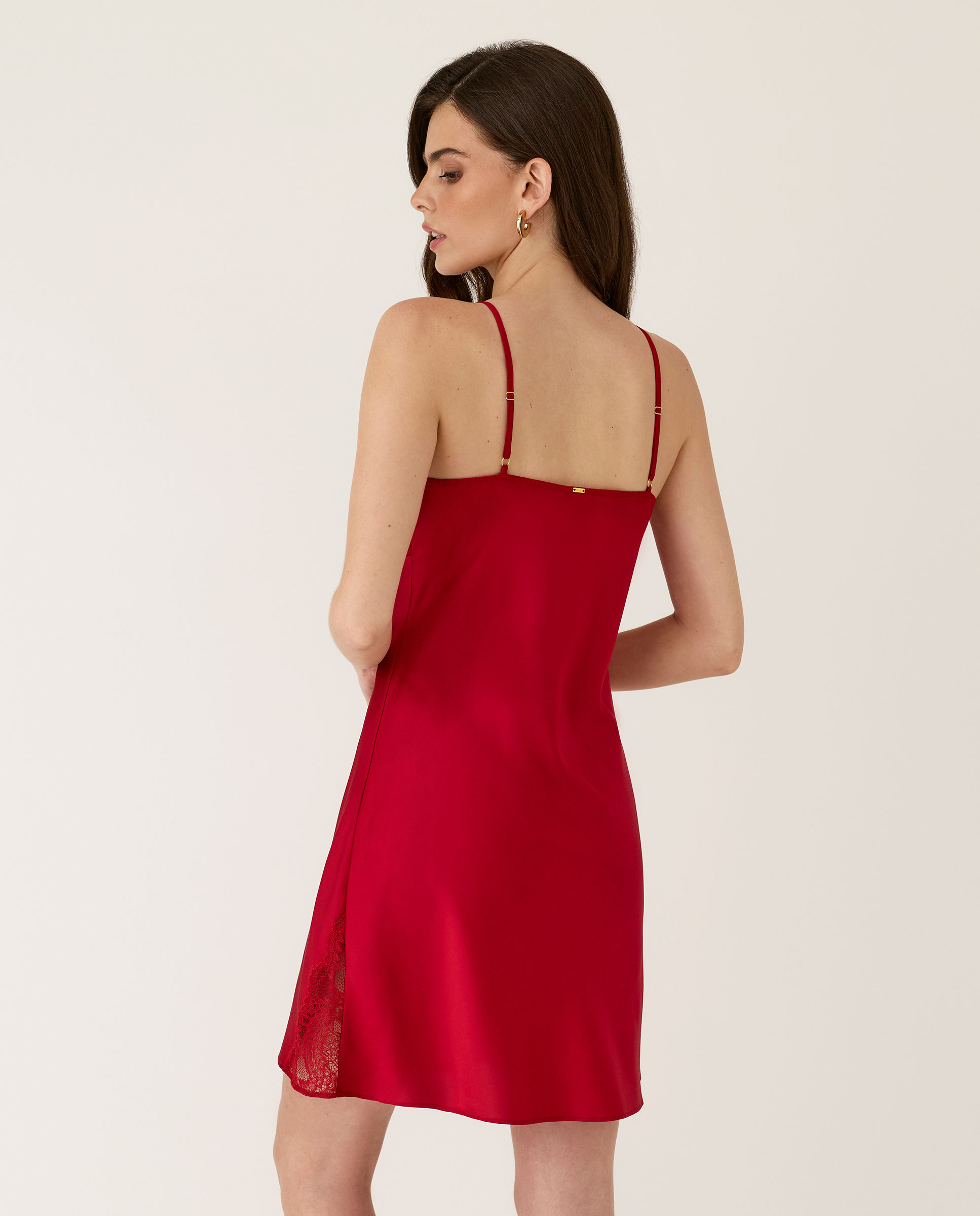 Camisón lencero de mujer con detalles de encaje - Selmark - Rojo Rojo-2