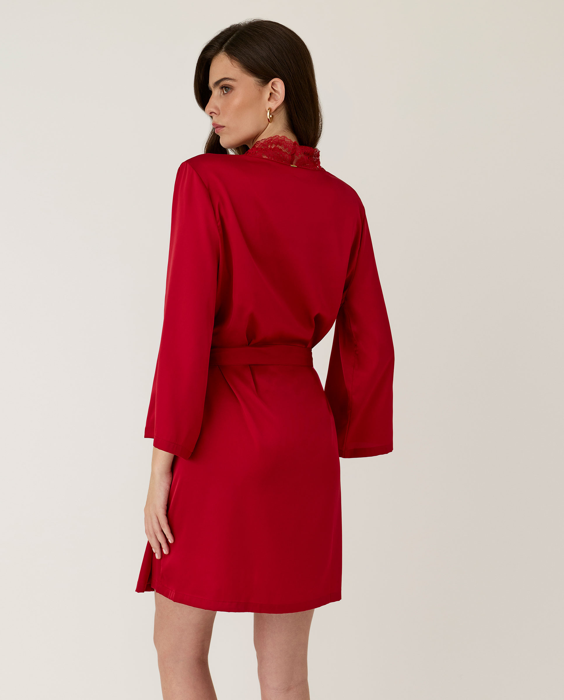 Bata de mujer lencera corta con lazo - Selmark - Rojo Rojo-2