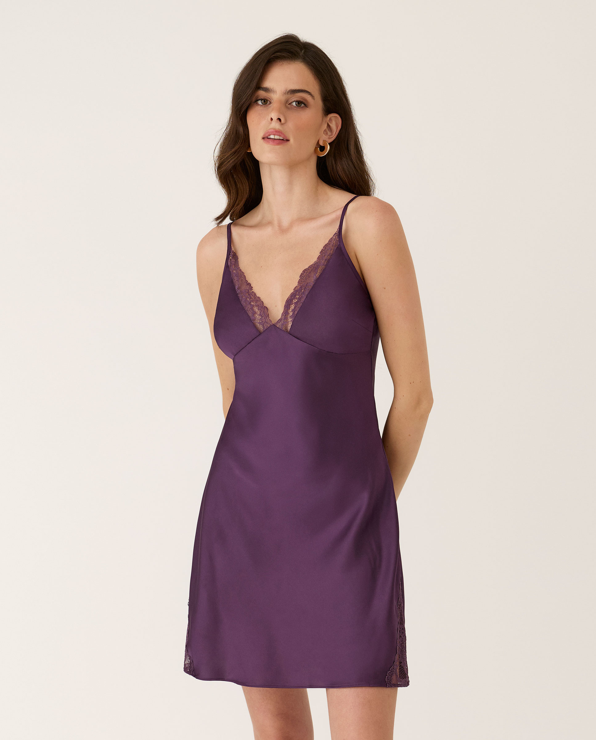 Camisón lencero de mujer con detalles de encaje - Selmark - Berenjena Berenjena-1