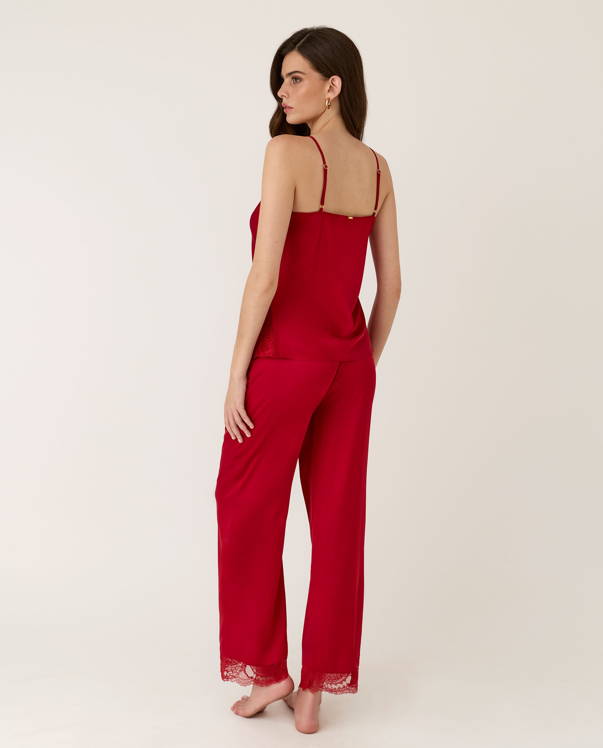 Pijama lencero de mujer, de tirantes, con detalles de encaje - Selmark - Rojo Rojo-2