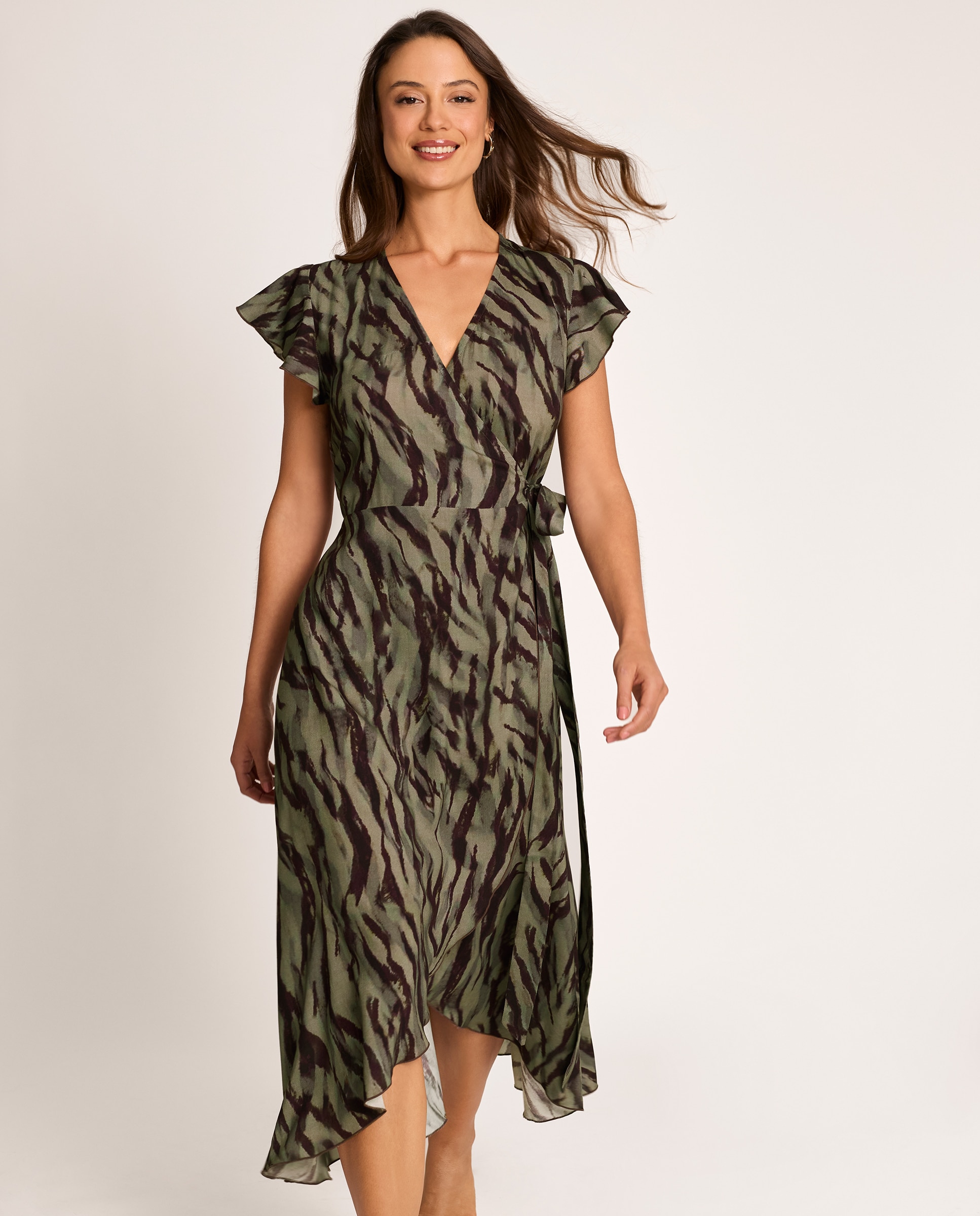 Selmark - Vestido de playa de mujer, largo cruzado volantes, colección savage.