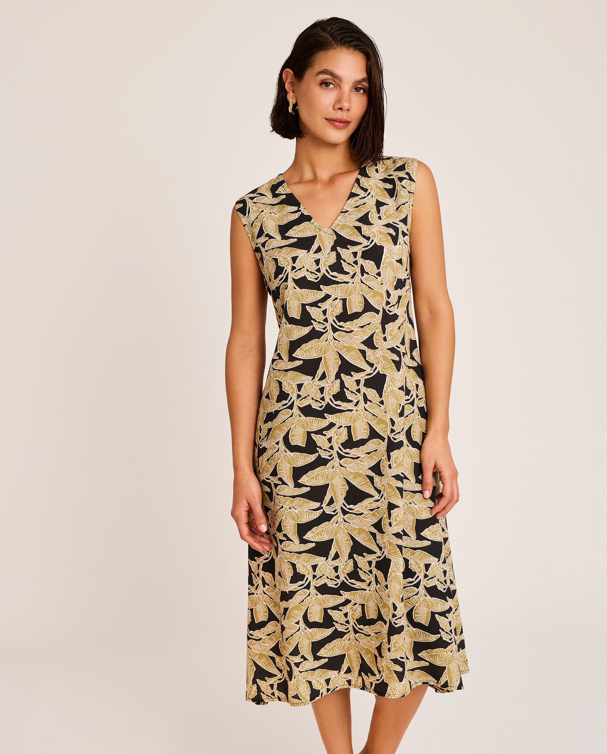 Selmark - Vestido de playa de mujer, evasé escote pico sin mangas, colección salvia.