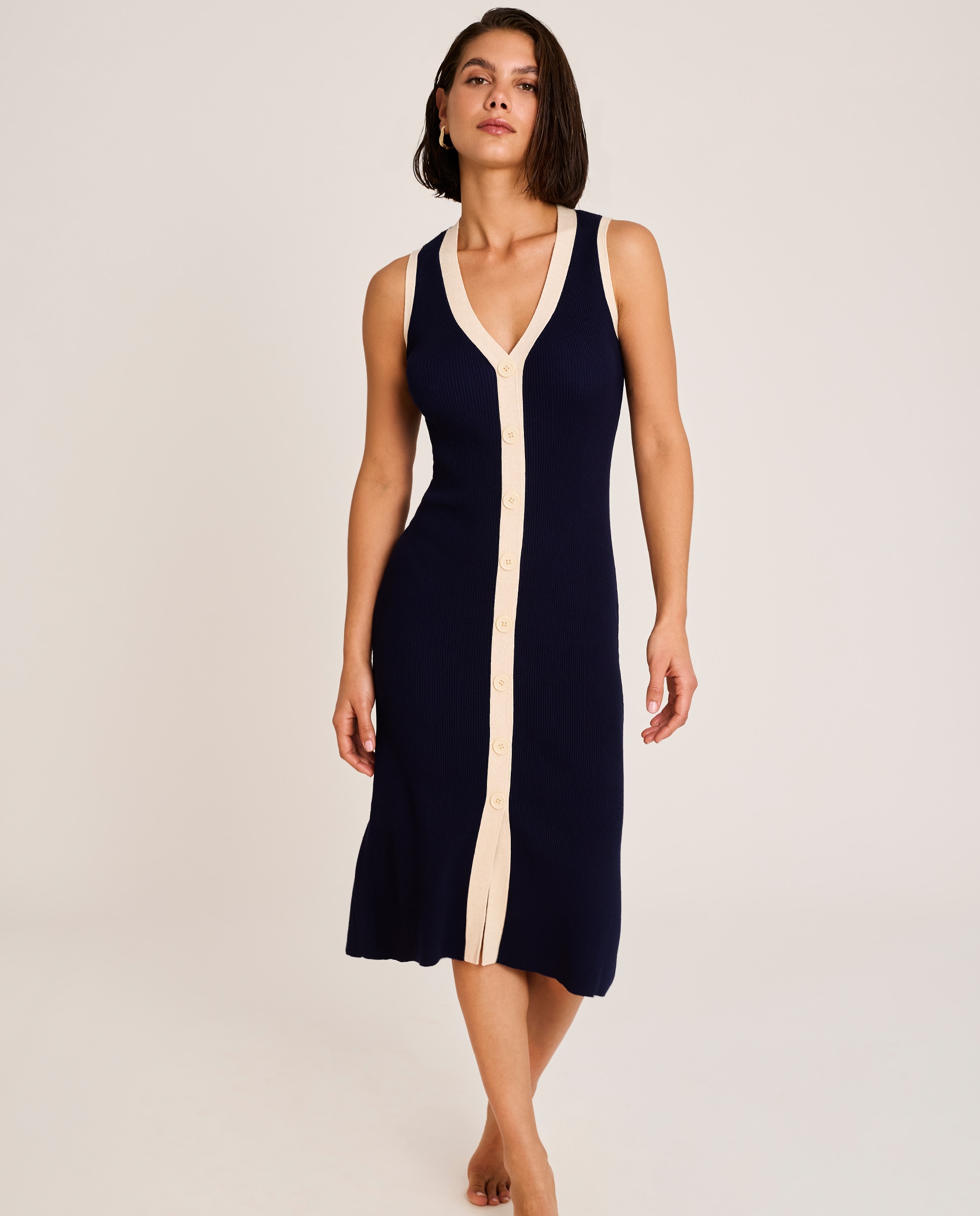 Selmark - Vestido de playa de mujer, largo de punto bicolor sin mangas, colección sailor.