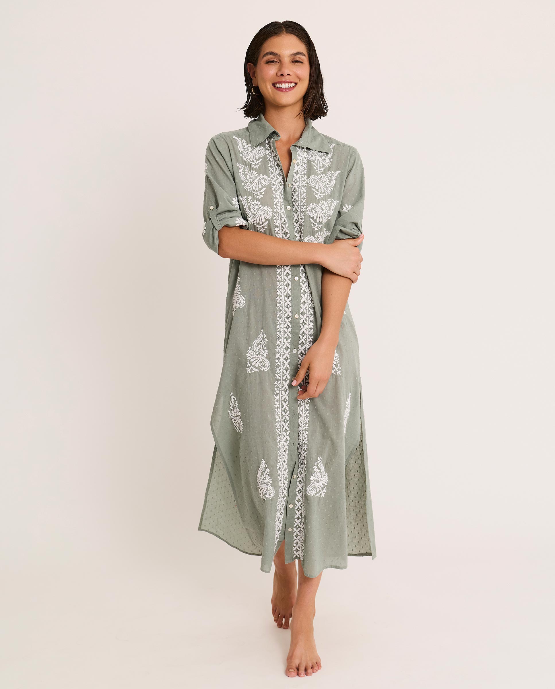 Selmark - Vestido de playa de mujer bordado camisero largo.