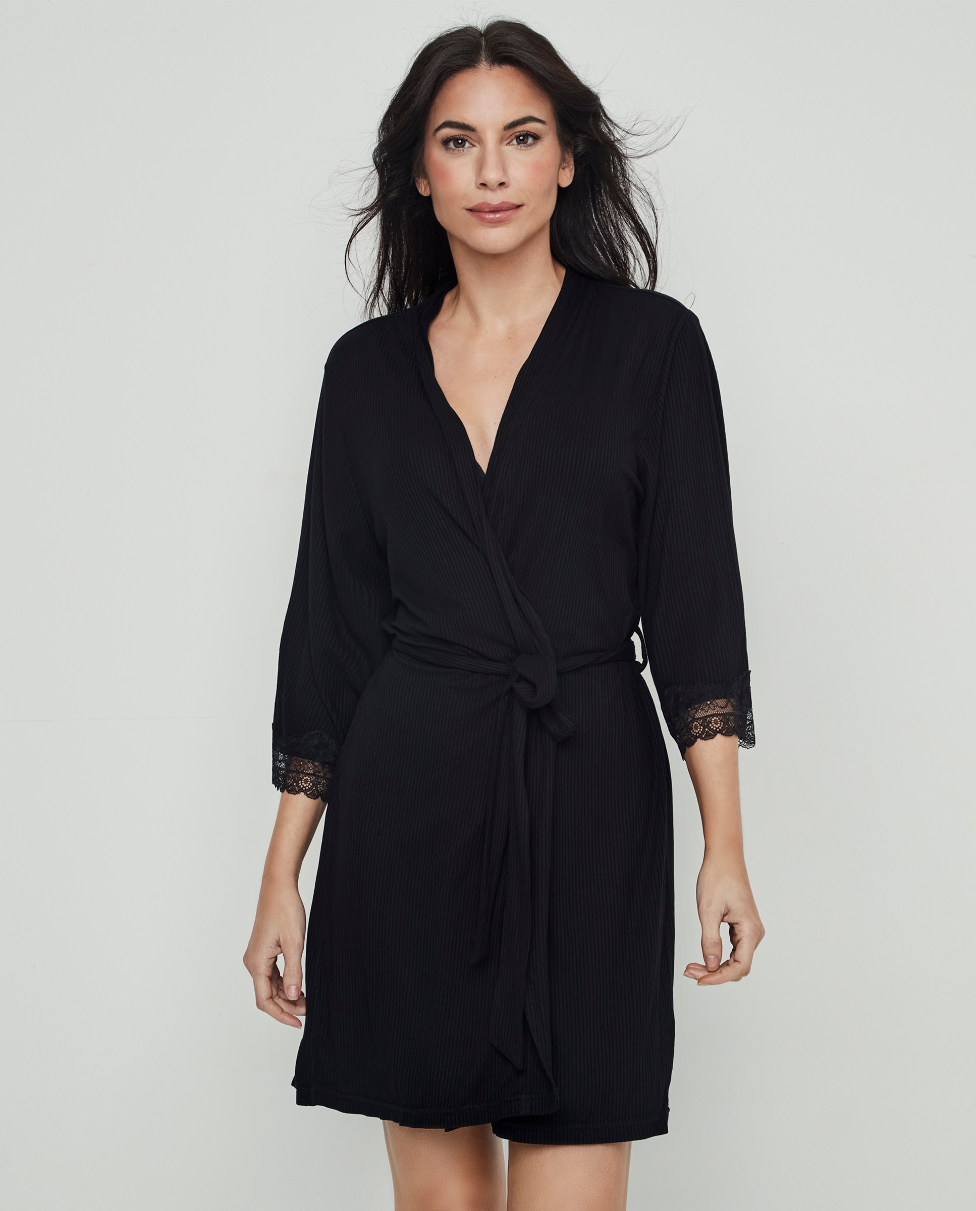 Bata corta de mujer, con tejido de canalé - Selmark - Negro Negro-2