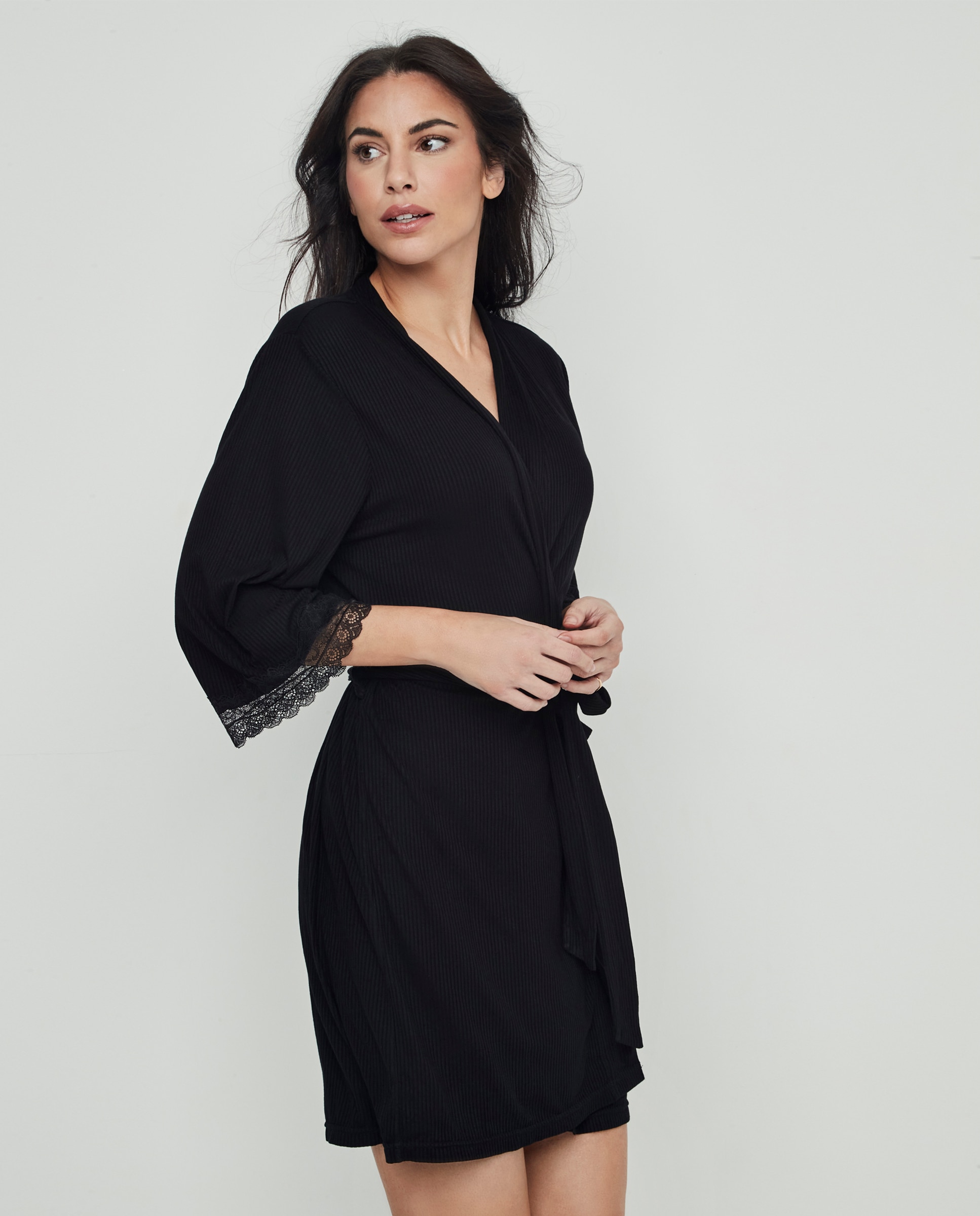 Bata corta de mujer, con tejido de canalé - Selmark - Negro Negro-3