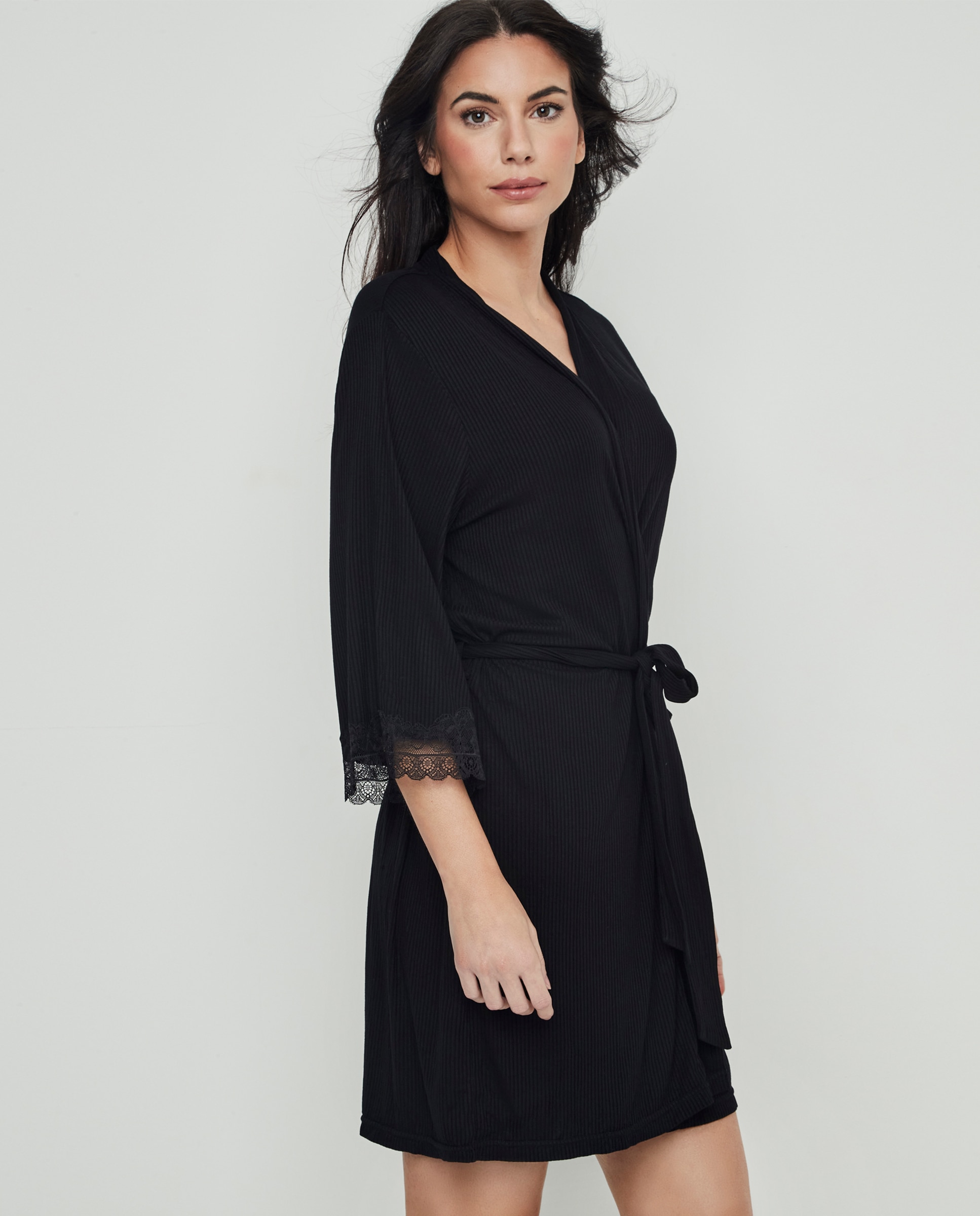 Bata corta de mujer, con tejido de canalé - Selmark - Negro Negro-4
