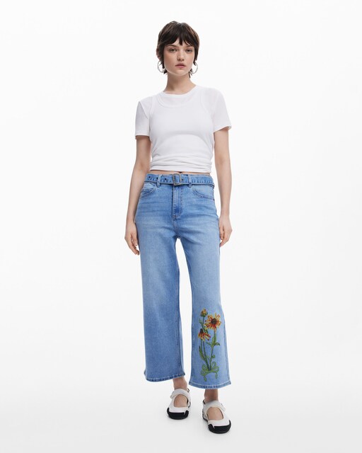 Imagen 0 de Vaquero de mujer Culotte con bordado de girasoles