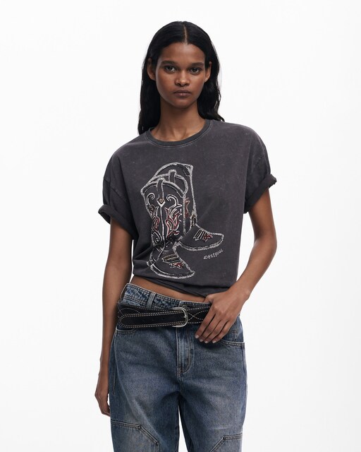 Imagen 0 de Camiseta de mujer con bordado de botas Cowboy