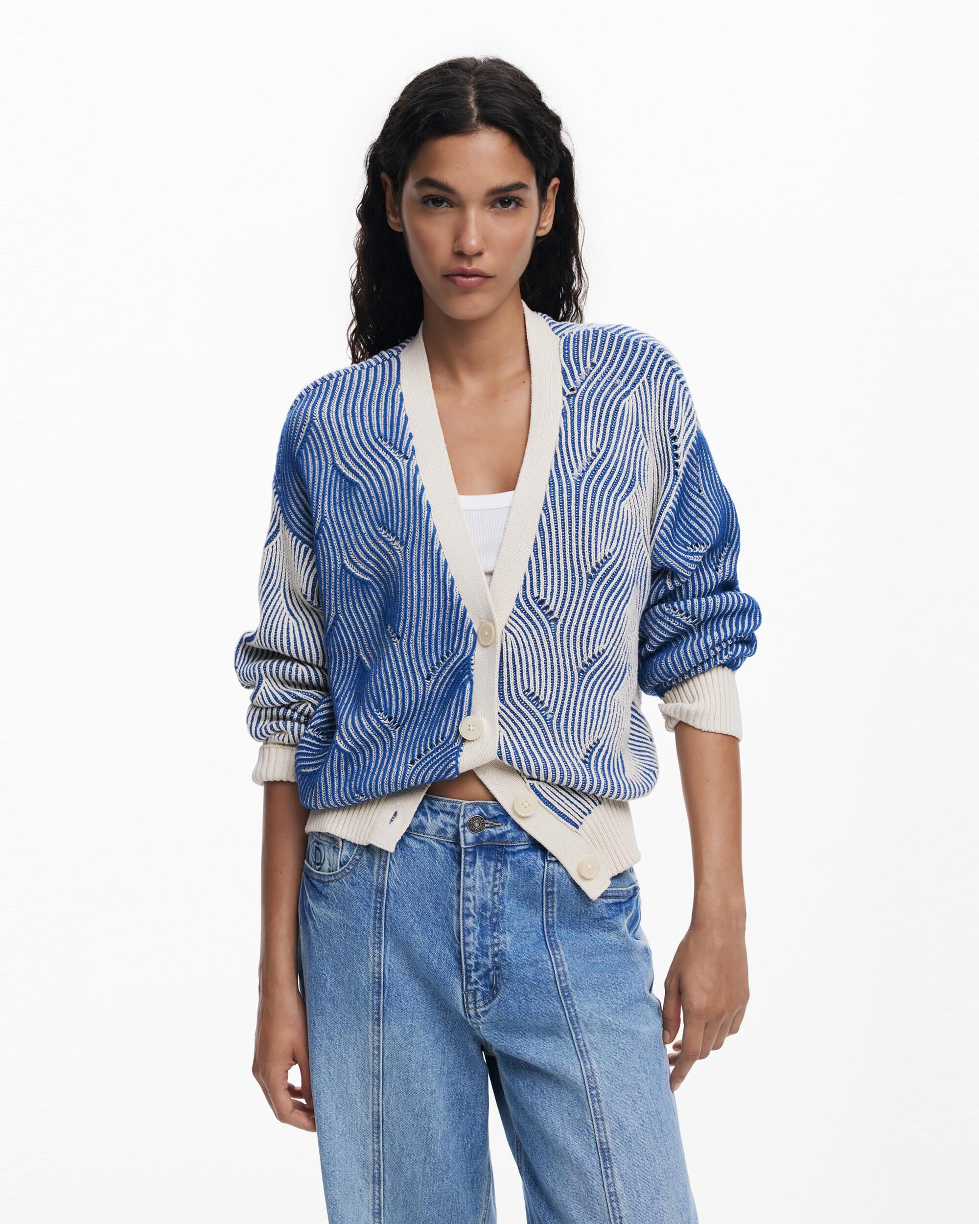Cárdigan de mujer punto bicolor - Desigual - Azul / Blanco Azul / Blanco-1
