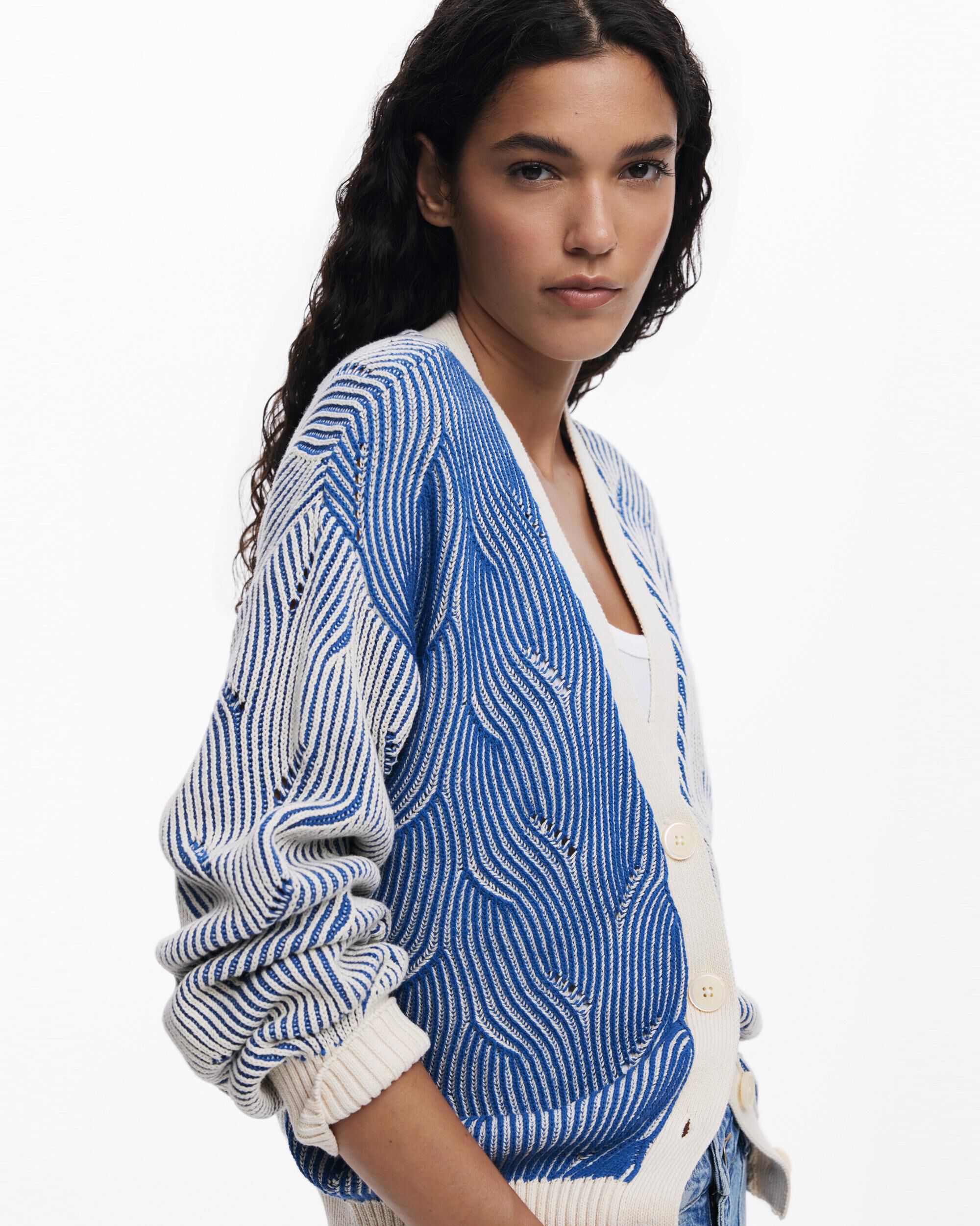 Cárdigan de mujer punto bicolor - Desigual - Azul / Blanco Azul / Blanco-4