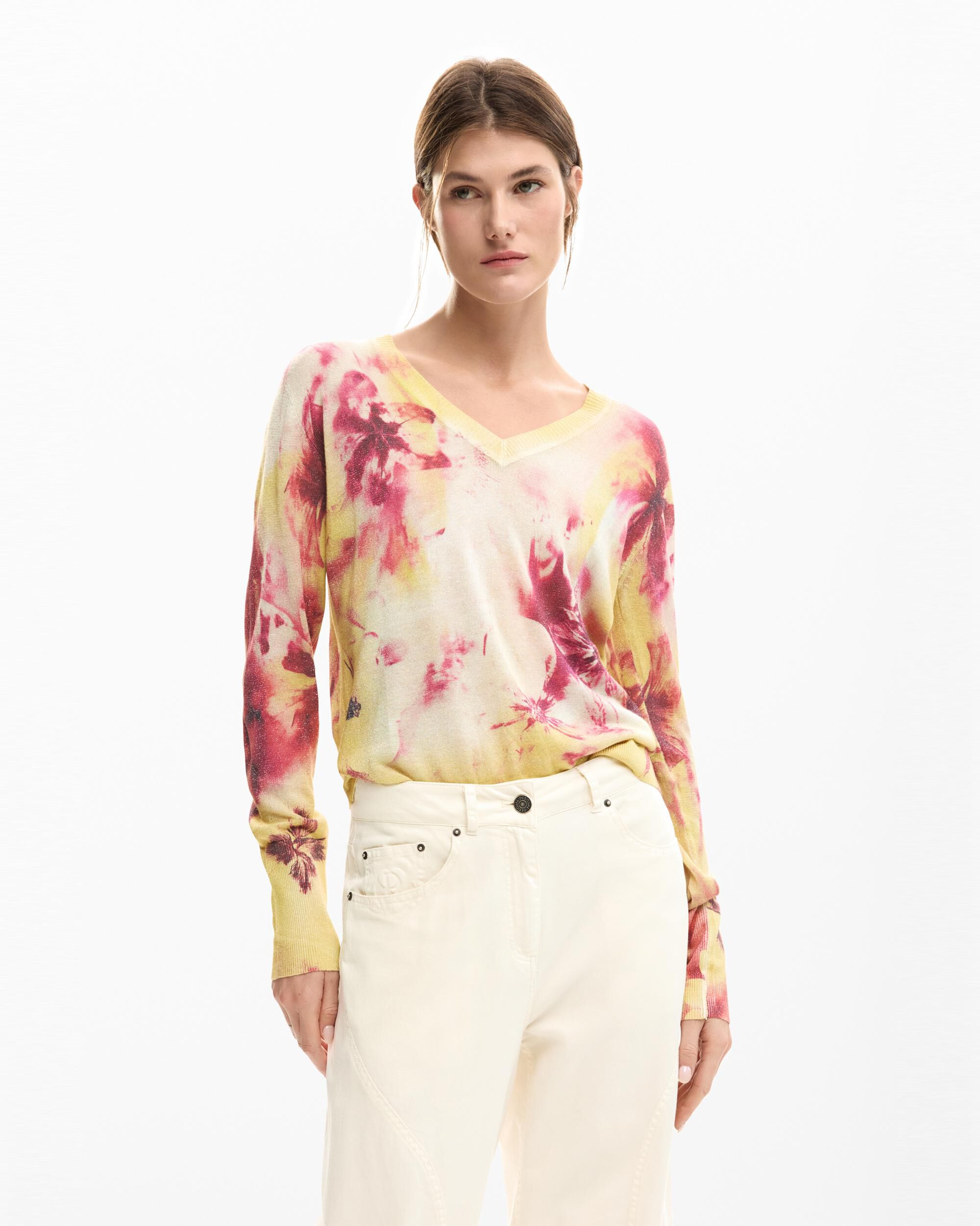 Jersey de mujer fino flores - Desigual - Rosa Rosa-1