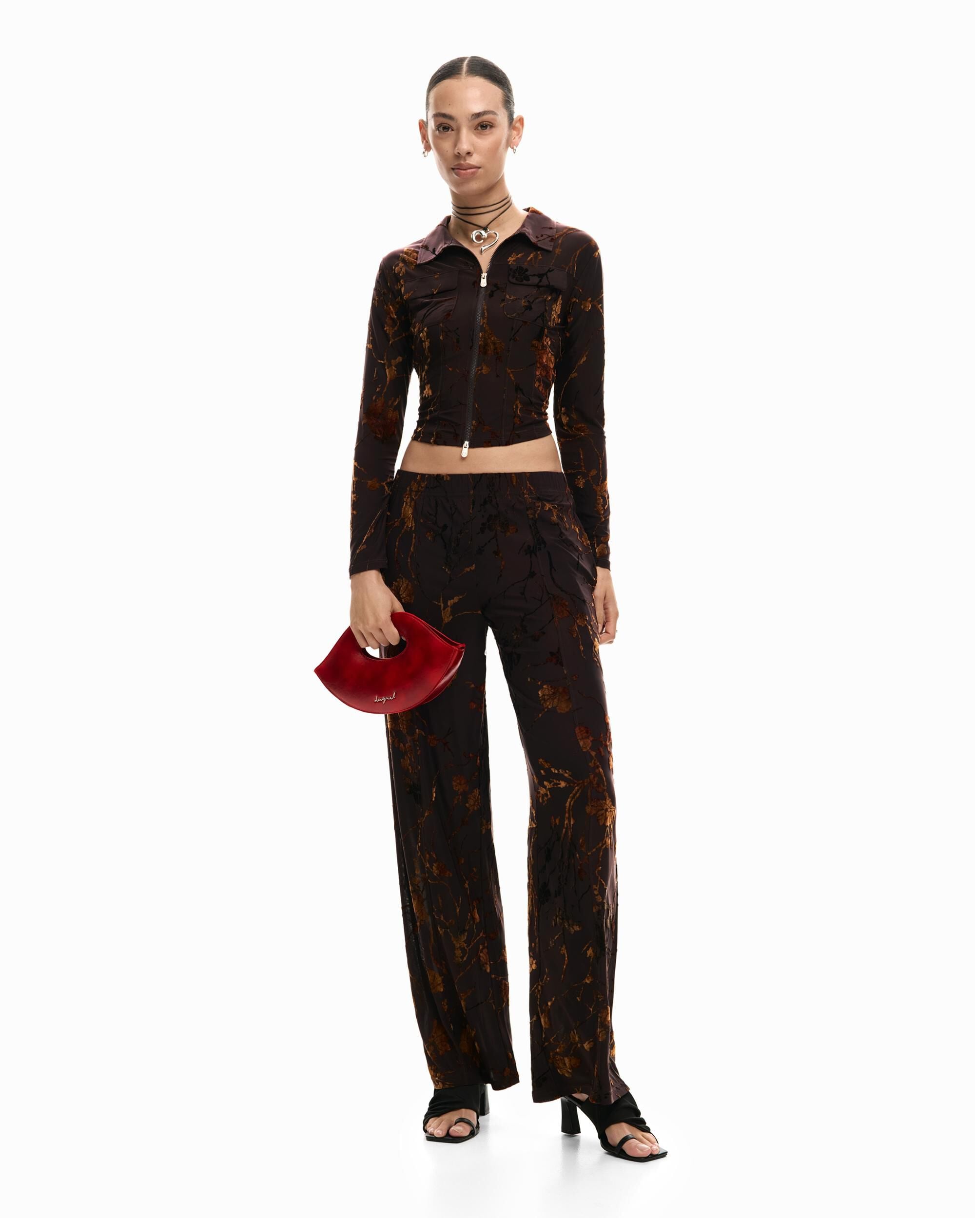 Pantalón de mujer largo flocado - Desigual - Marrón Marrón-1