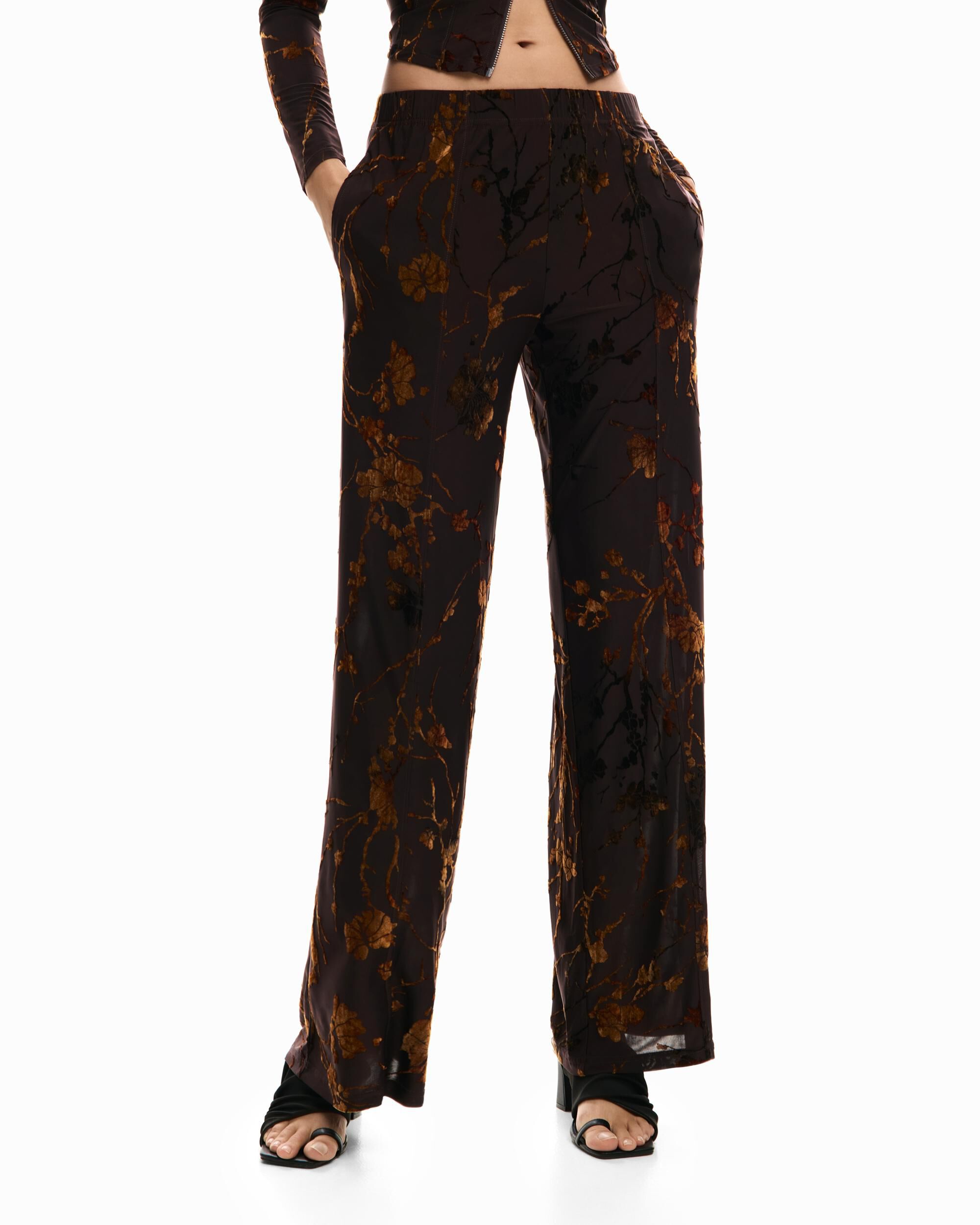 Pantalón de mujer largo flocado - Desigual - Marrón Marrón-5