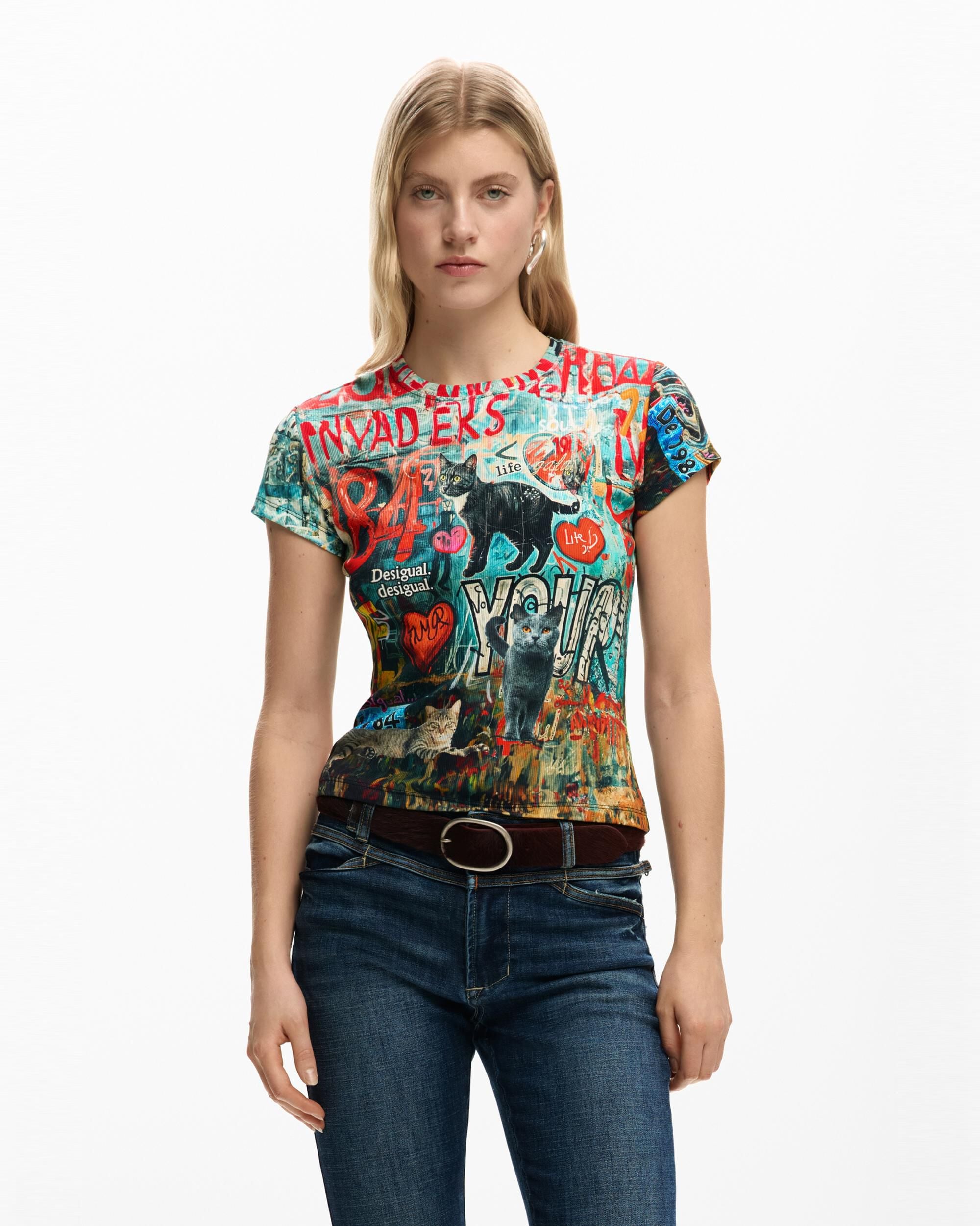 Camiseta de mujer estampada gatos - Desigual - Rojo Rojo-1