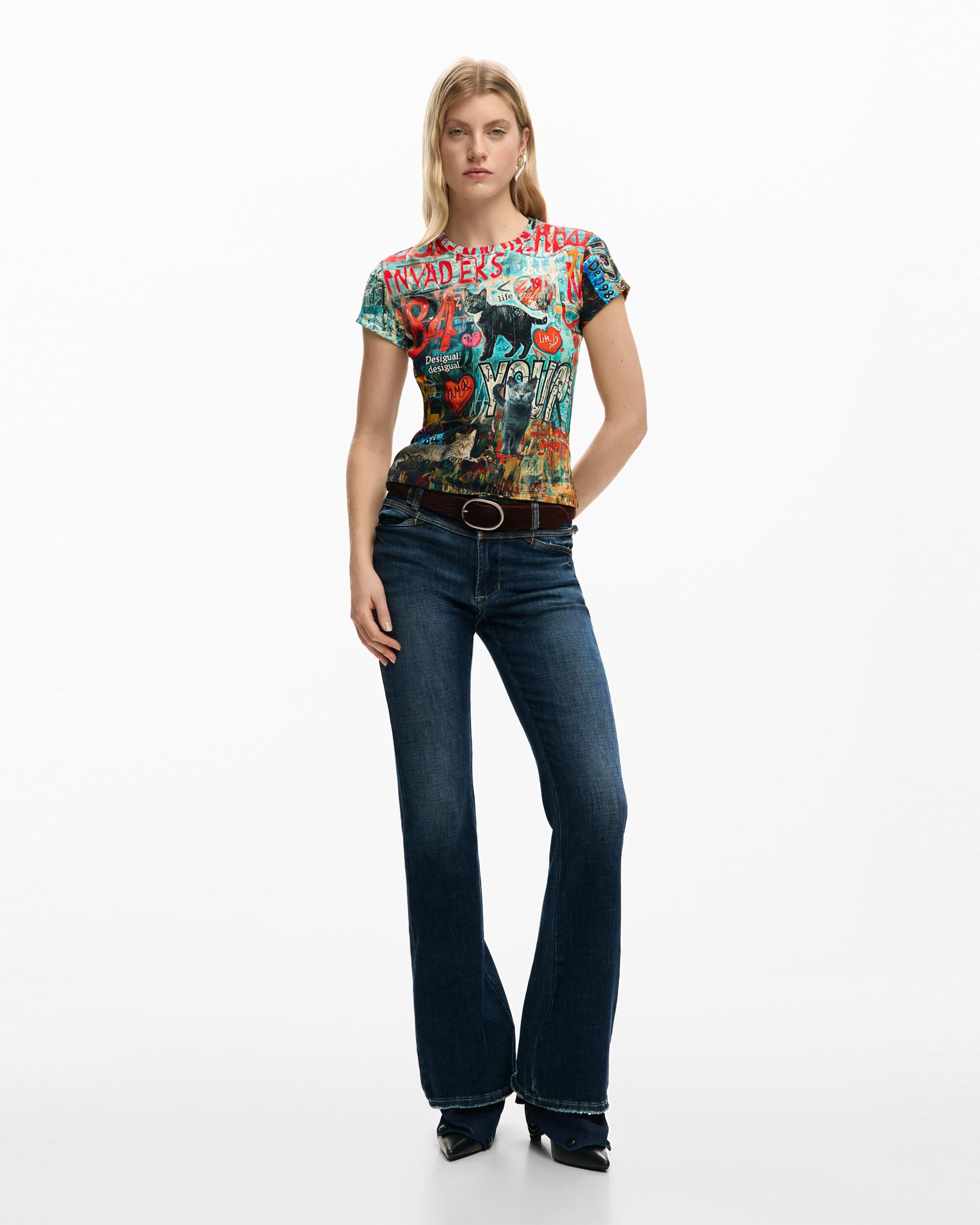 Camiseta de mujer estampada gatos - Desigual - Rojo Rojo-2