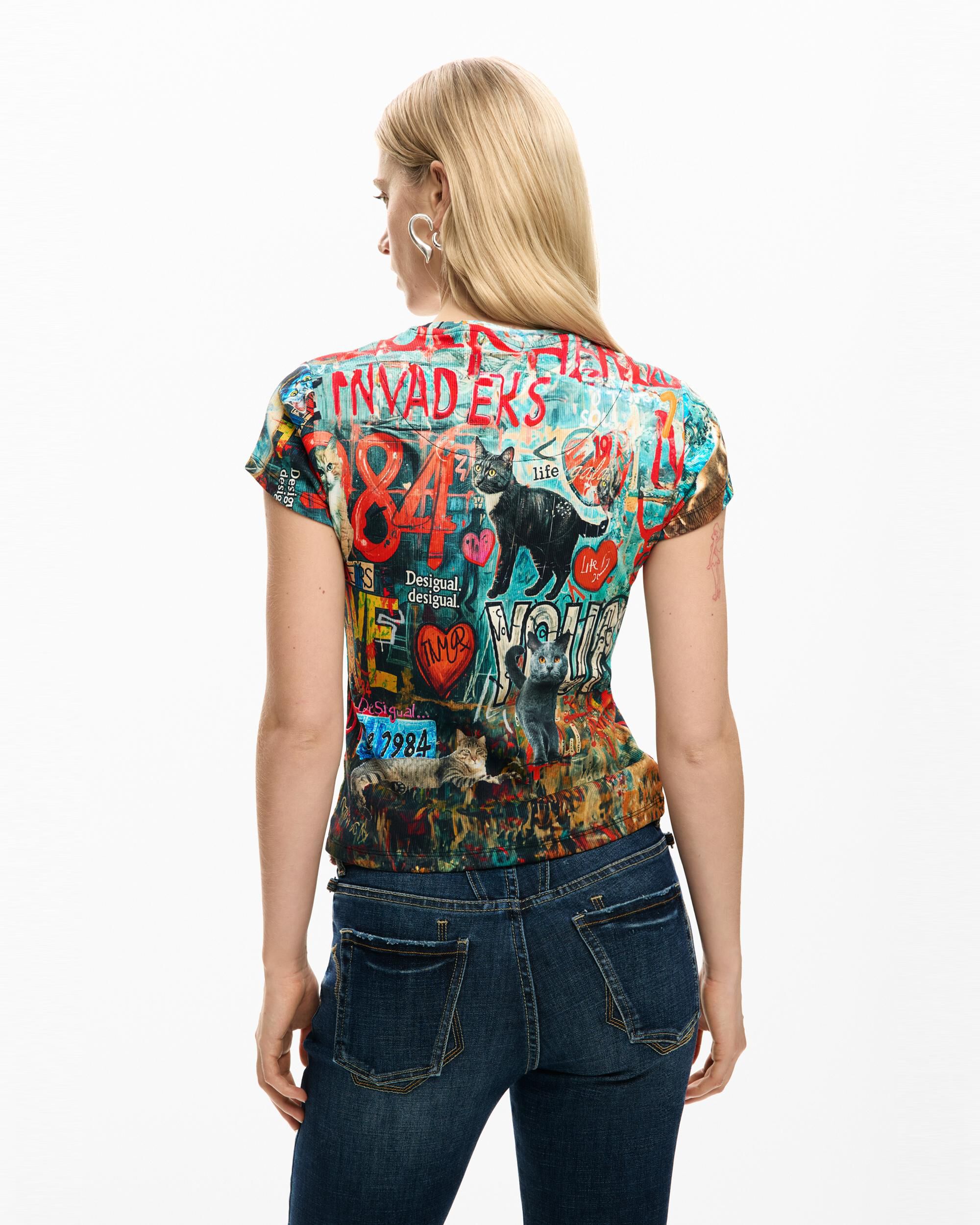 Camiseta de mujer estampada gatos - Desigual - Rojo Rojo-3