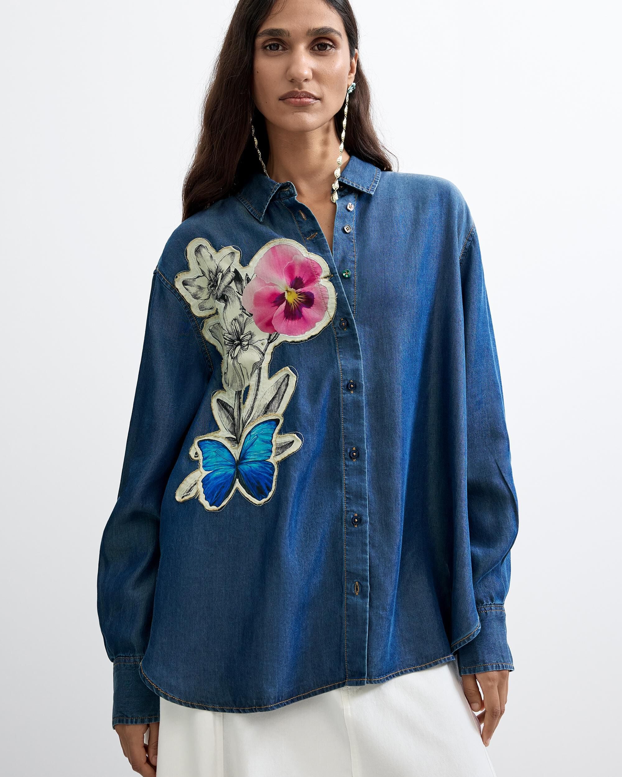 Camisa de mujer bordada flores - Desigual - Rosa Rosa-1