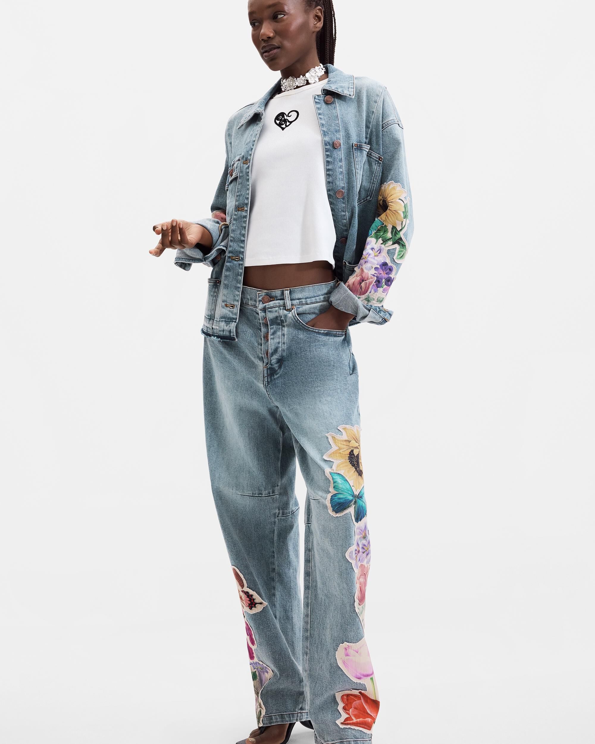 Pantalón de mujer vaquero estampado flores - Desigual - Azul Azul-1