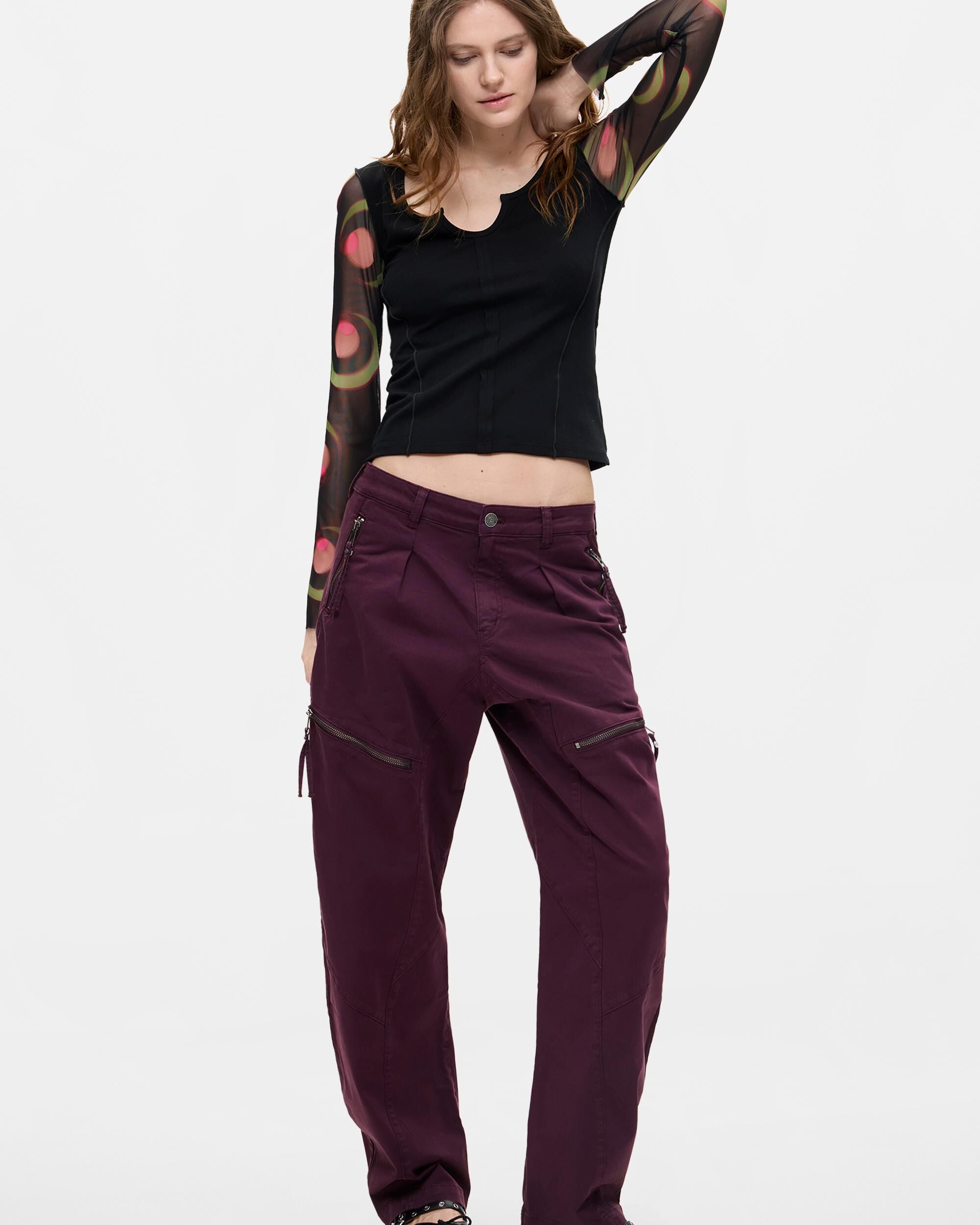 Pantalón de mujer cremalleras largo - Desigual - Rojo Rojo-1