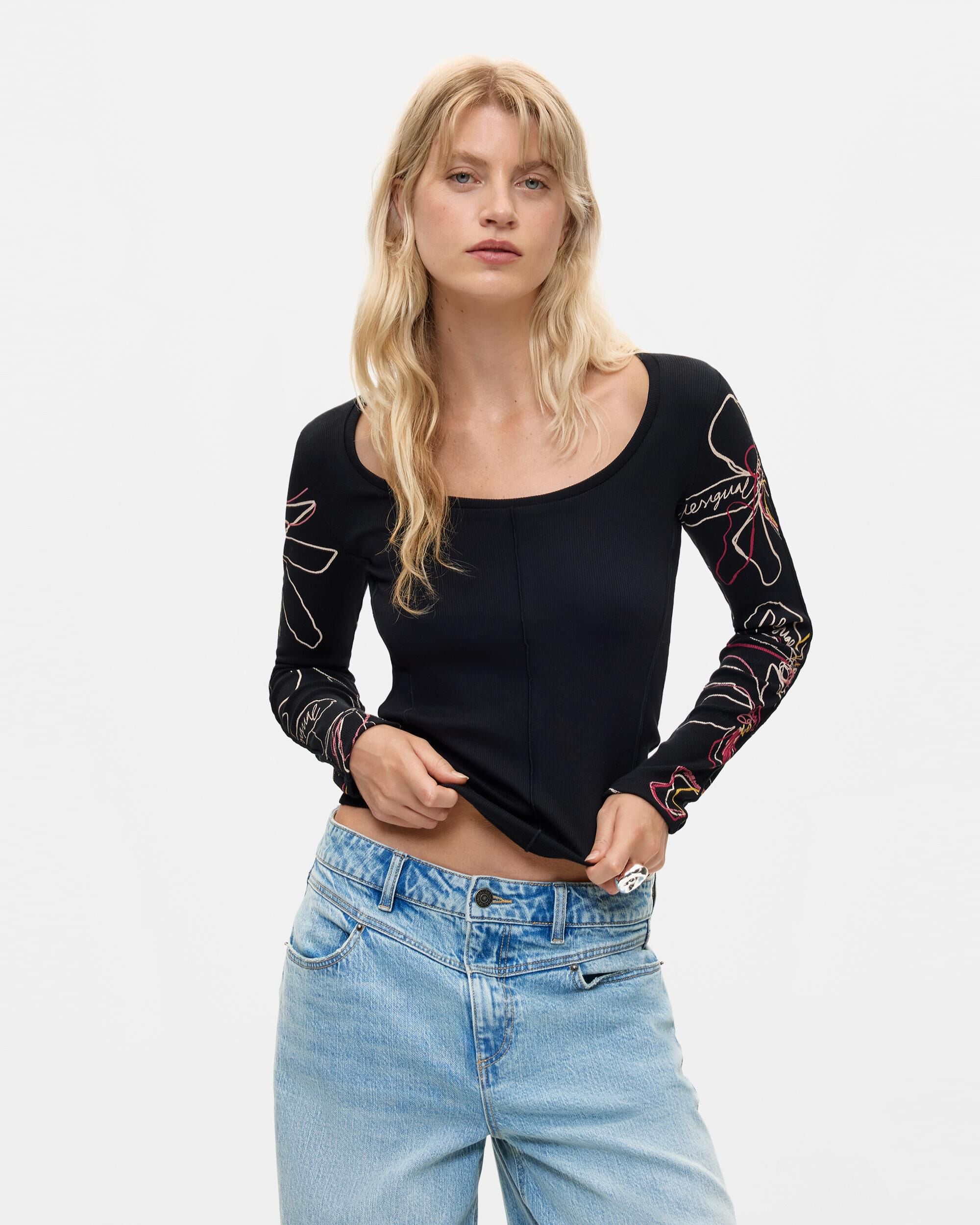 Camiseta de mujer manga larga floral - Desigual - Negro Negro-1