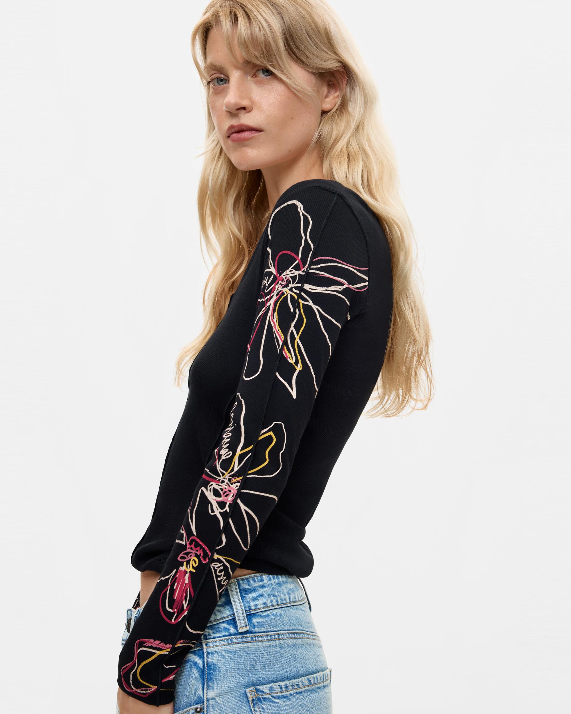 Camiseta de mujer manga larga floral - Desigual - Negro Negro-4
