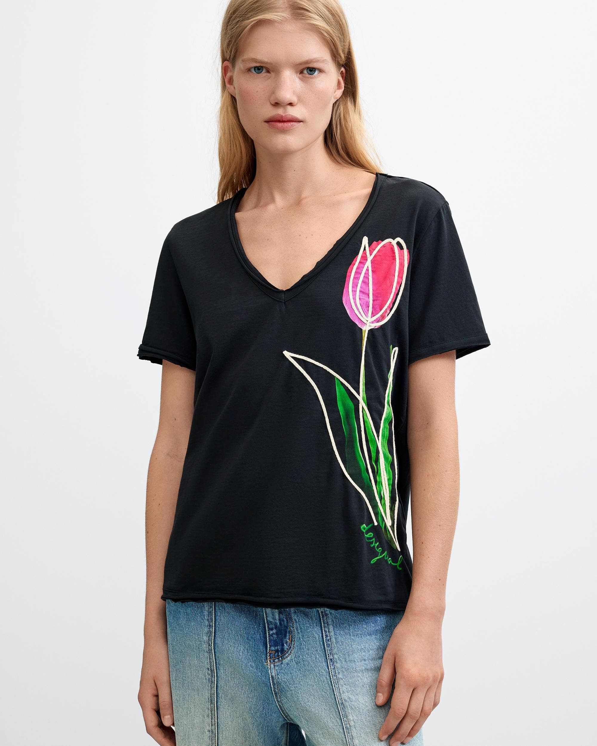 Camiseta de mujer estampado floral 100% algodón - Desigual - Negro Negro-1
