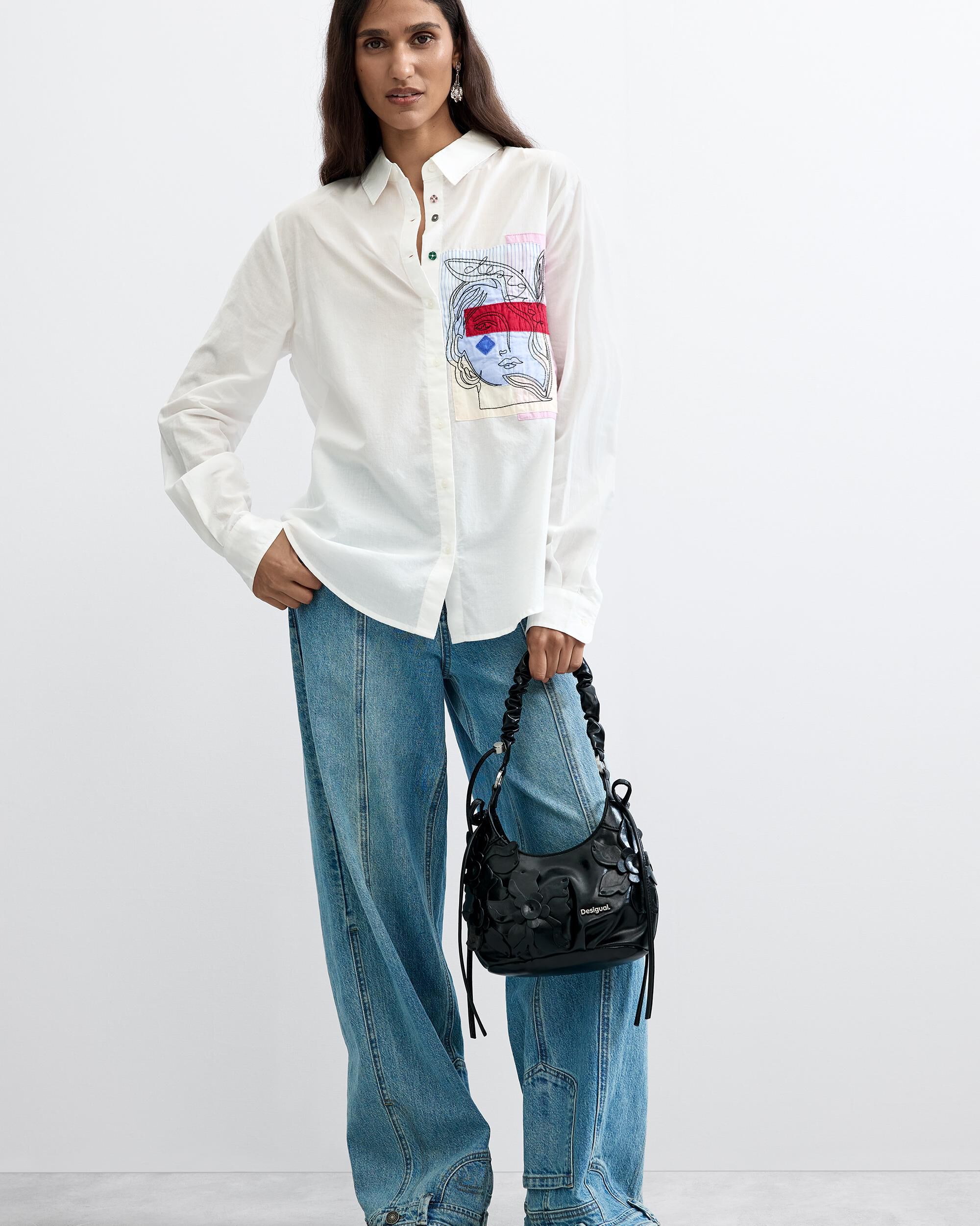Camisa de mujer bolsillo estampado 100% algodón - Desigual - Blanco Blanco-2