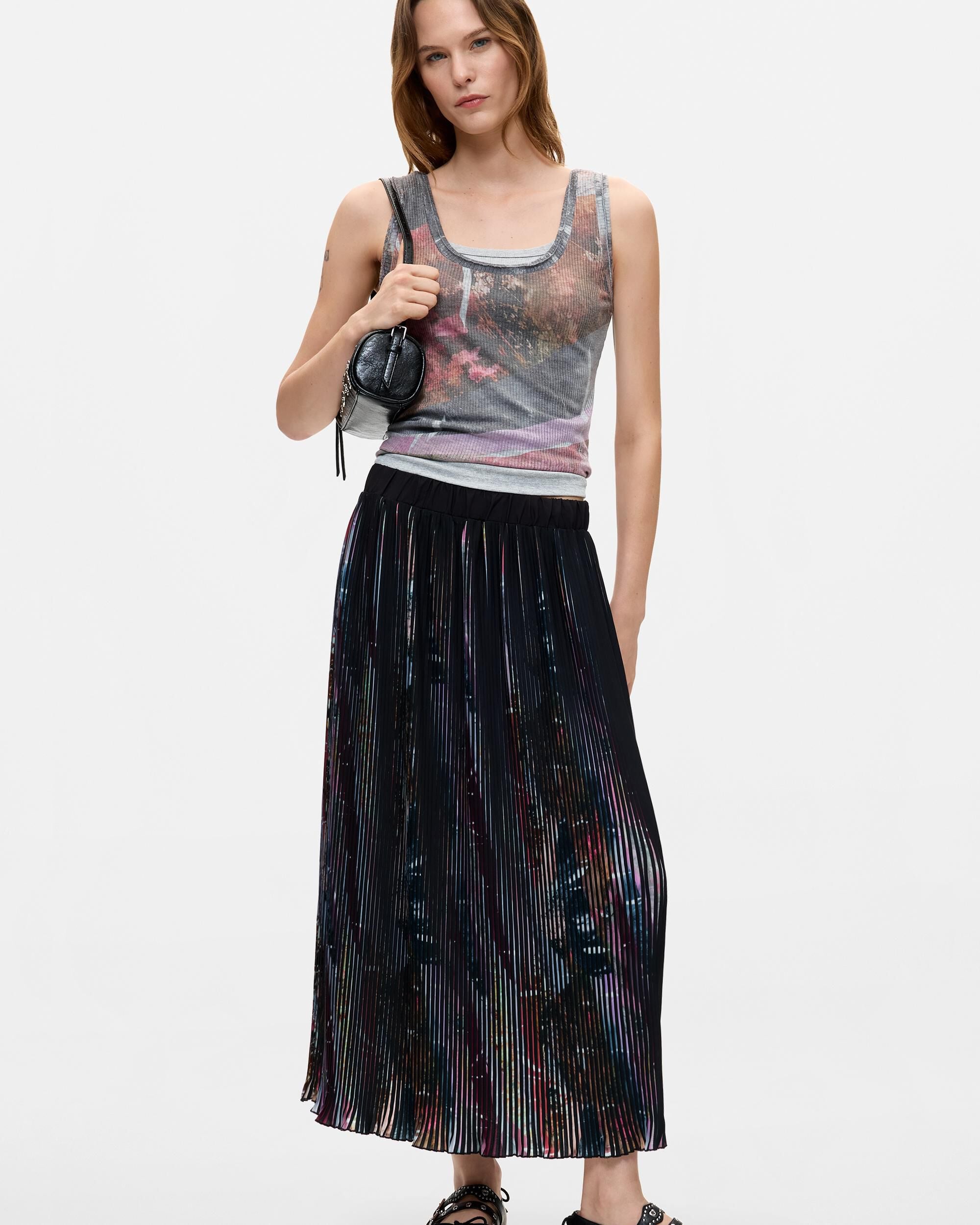 Falda plisada midi floral - Desigual - Negro Negro-1