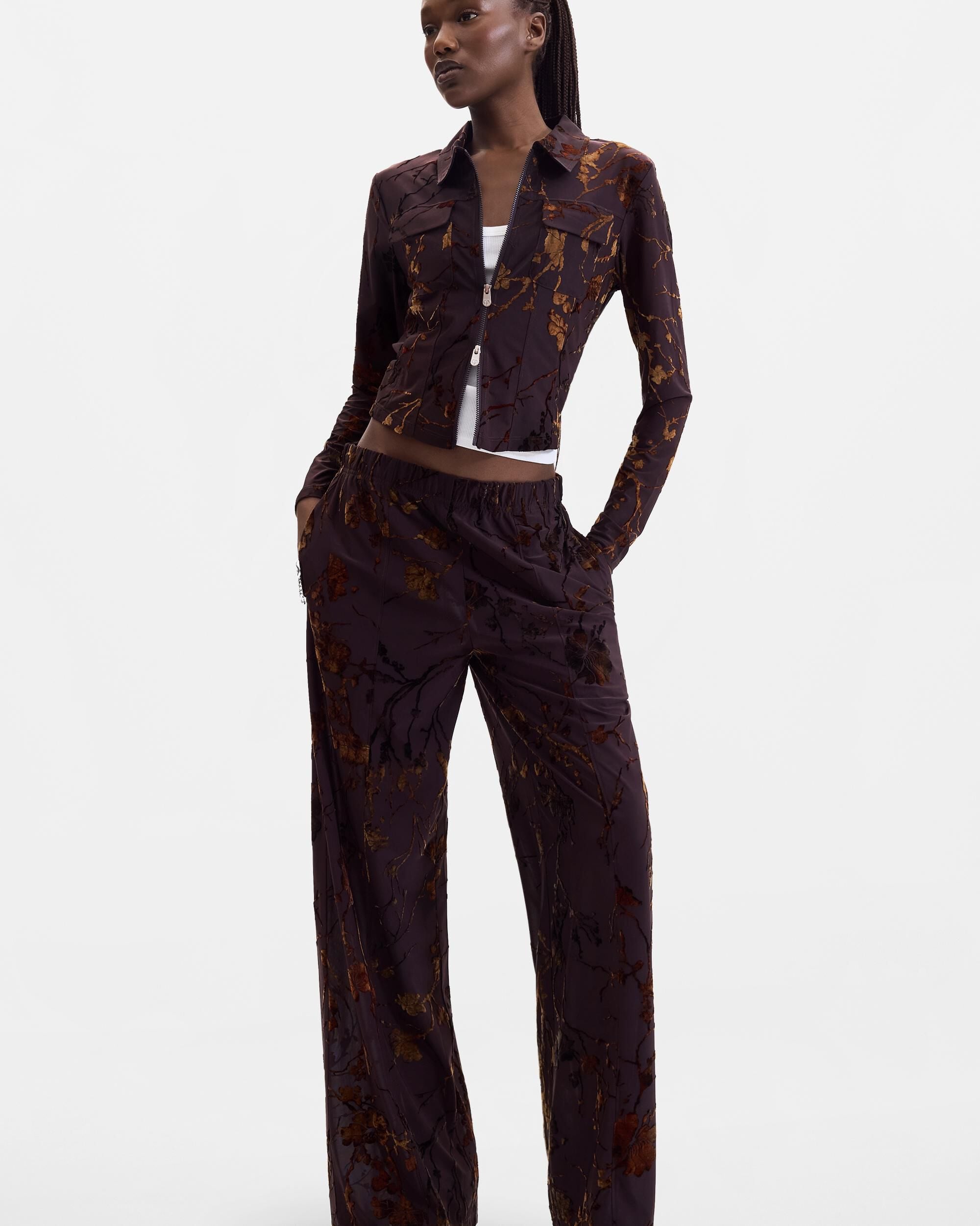 Pantalón de mujer largo flocado - Desigual - Marrón Marrón-1
