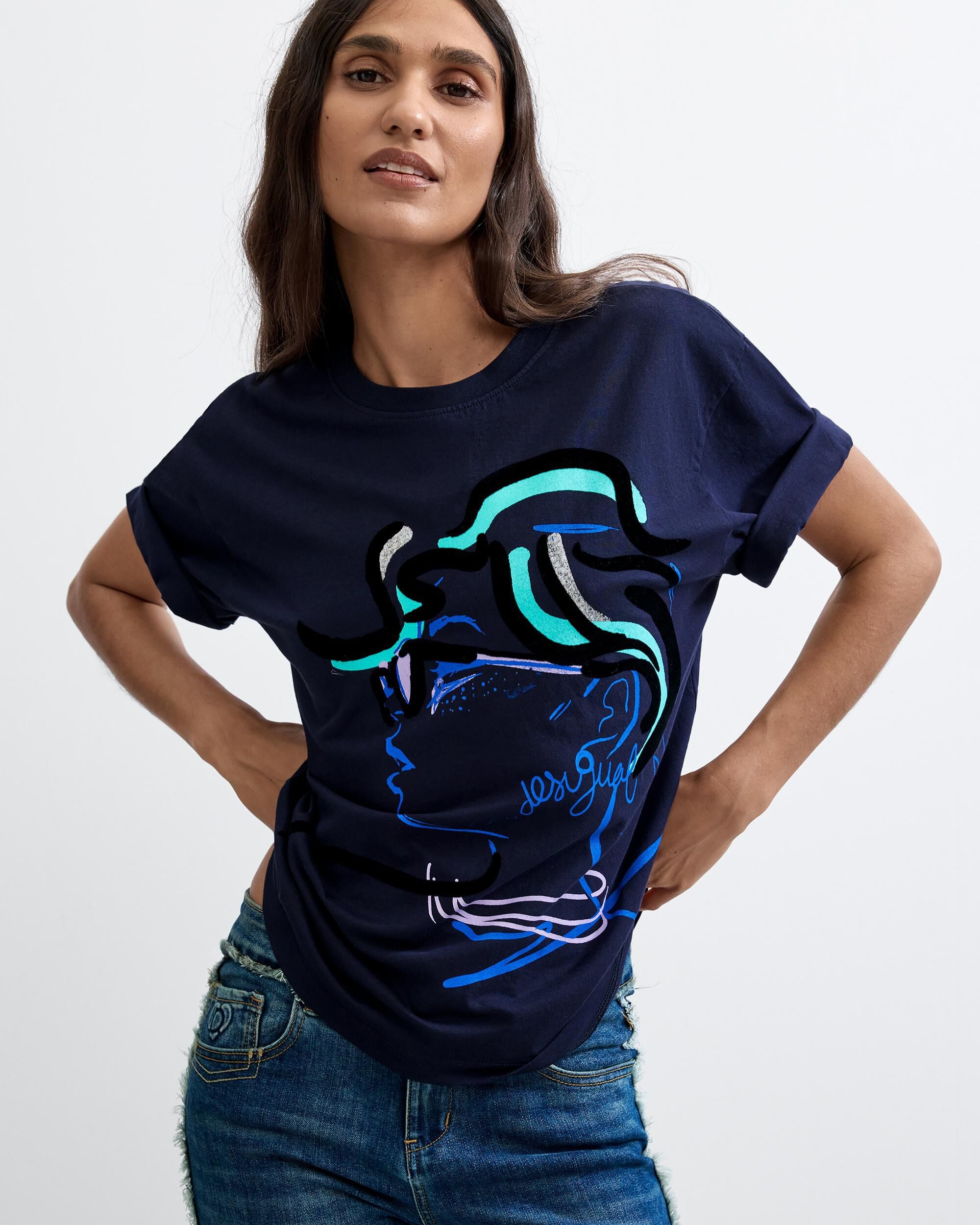 Camiseta de mujer estampada 100% algodón - Desigual - Azul Azul-1