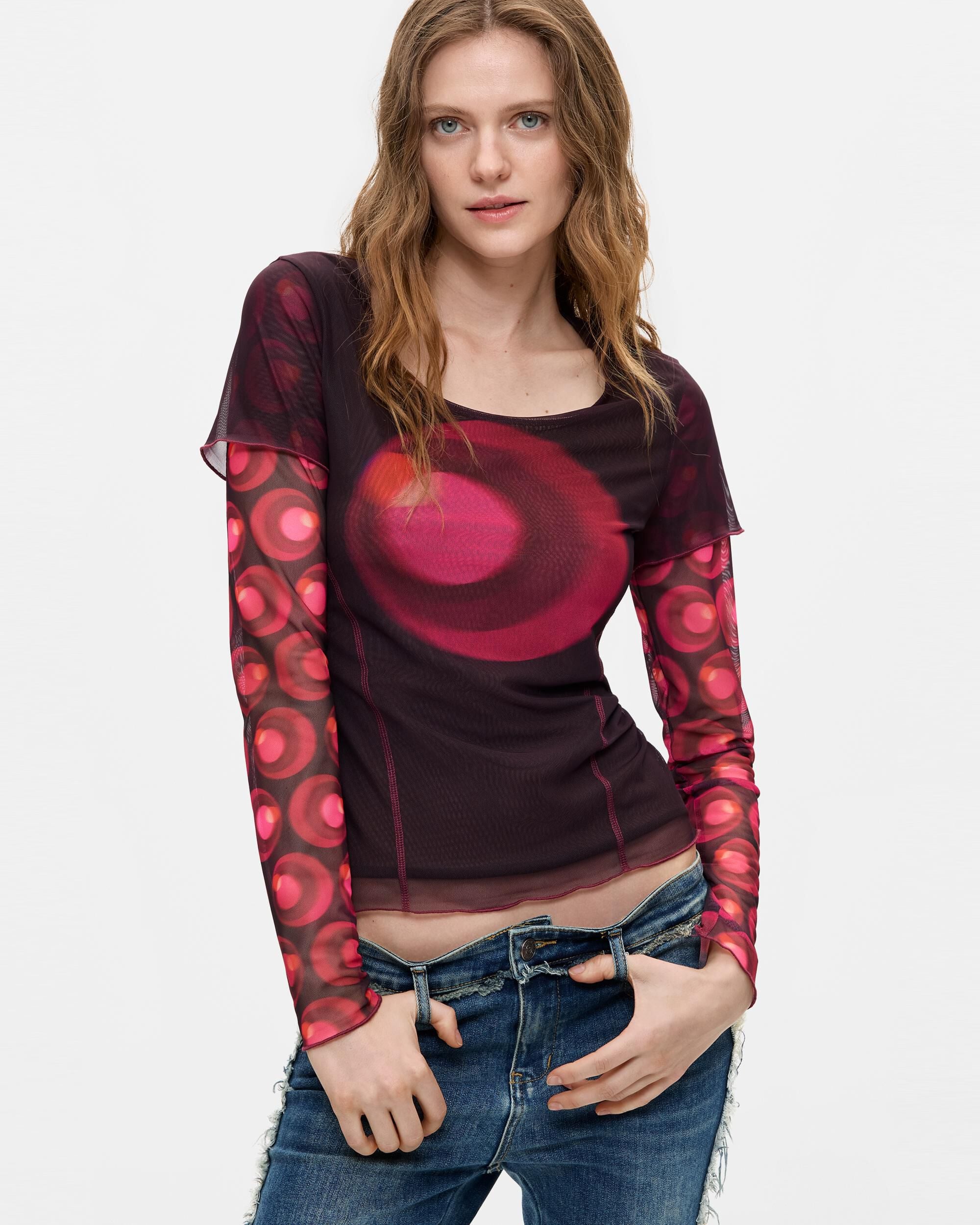 Camiseta de mujer estampada manga larga - Desigual - Rojo Rojo-1