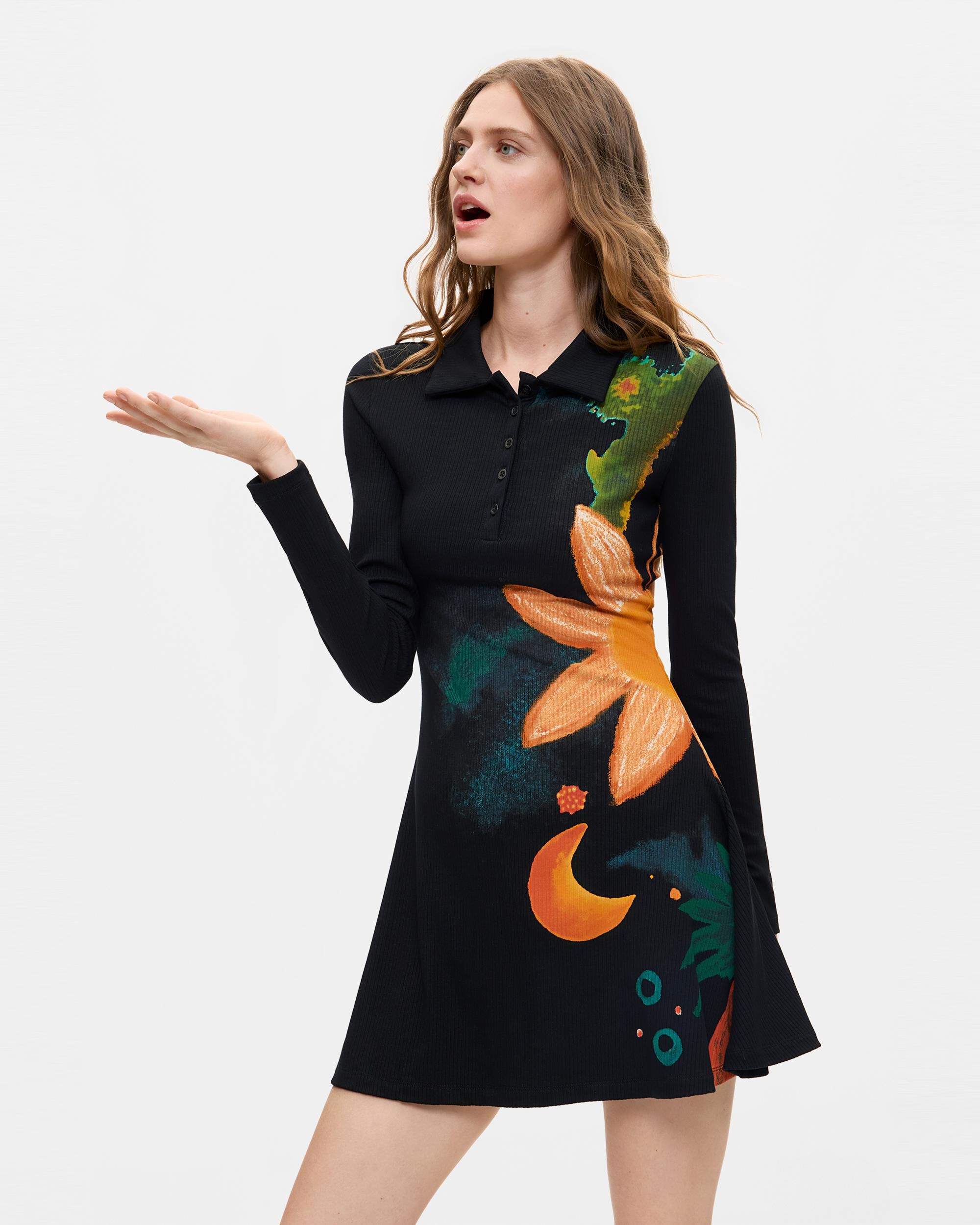 Vestido flores manga larga - Desigual - Negro Negro-2