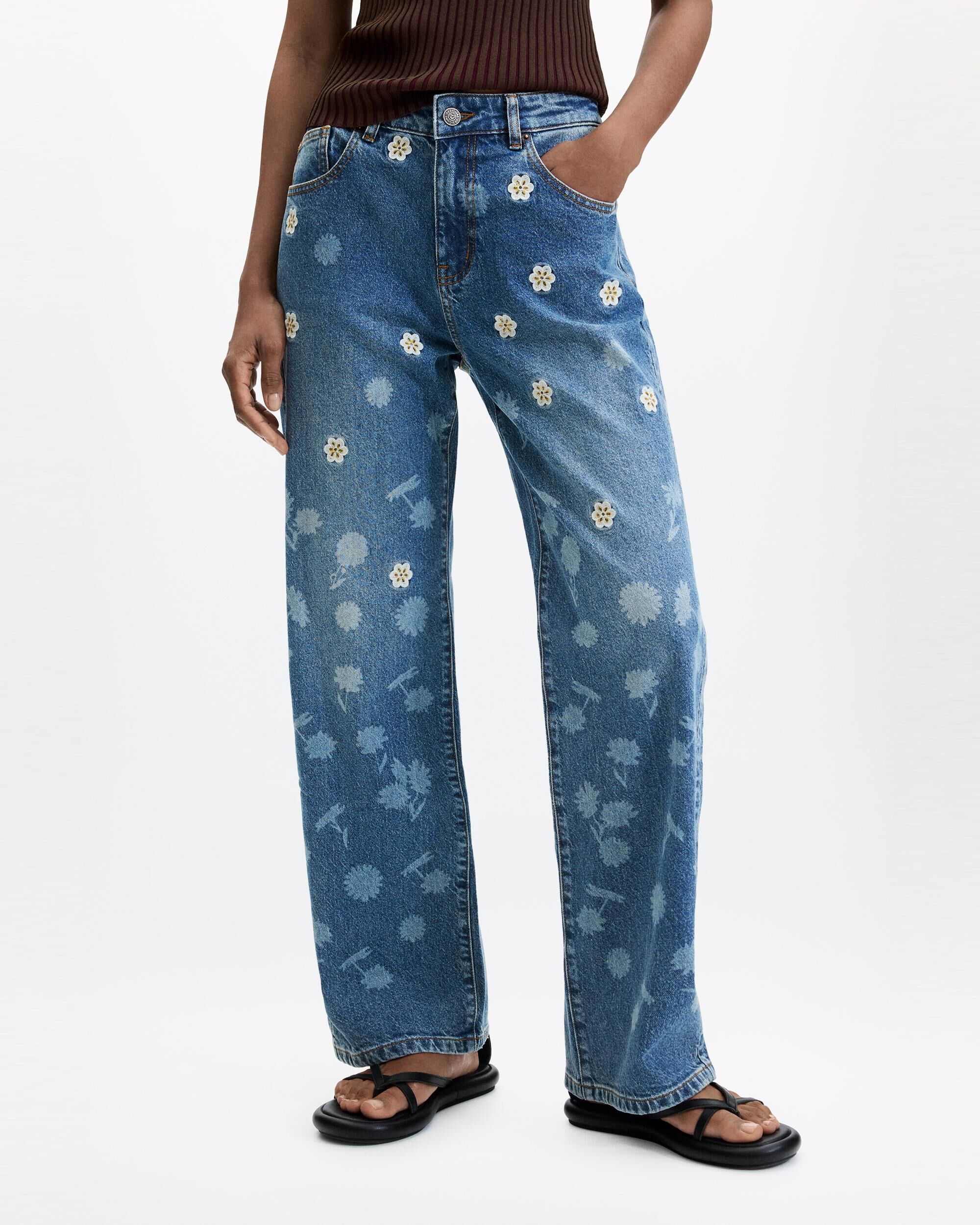 Pantalón de mujer vaquero bordado flores - Desigual - Azul Azul-2