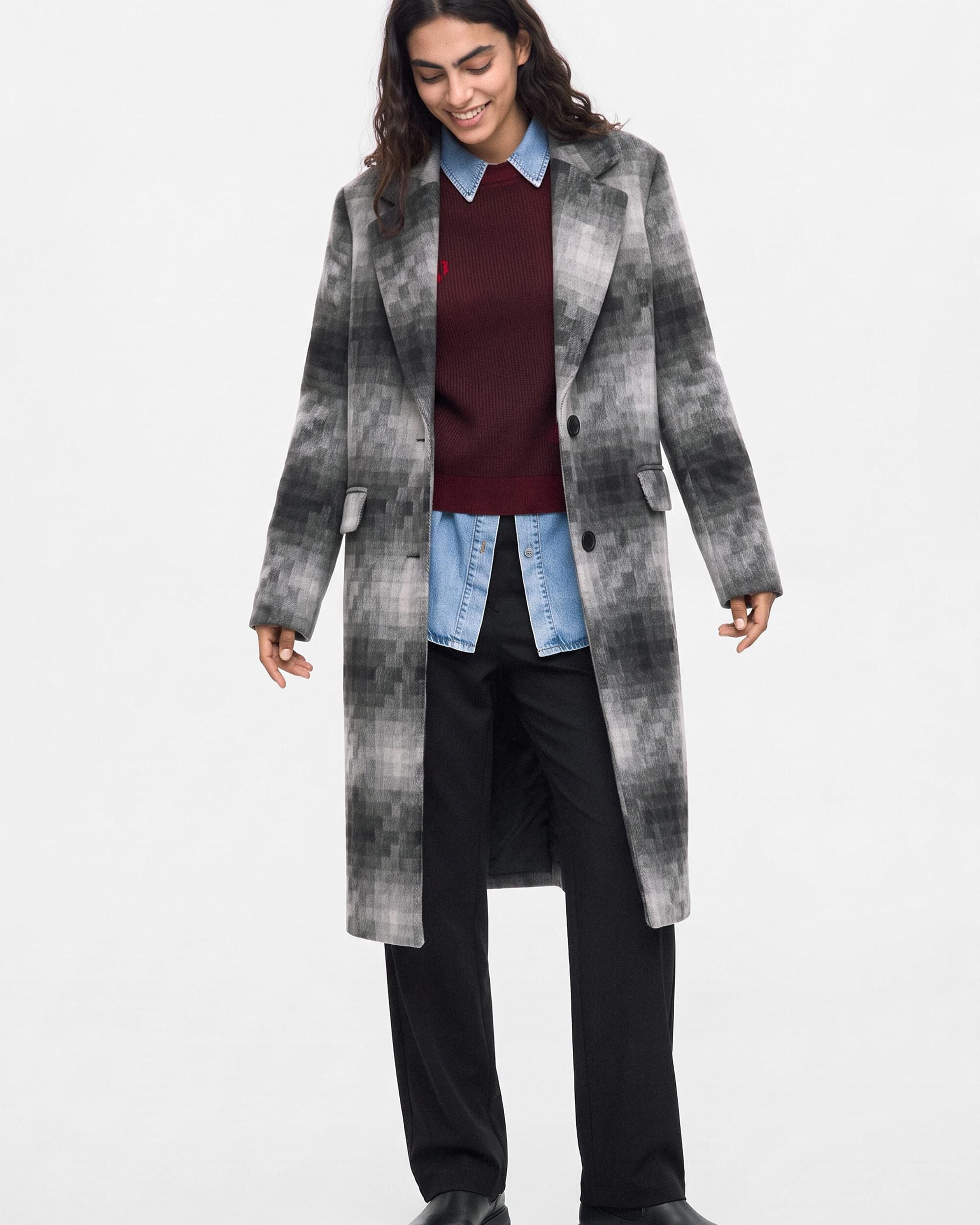Abrigo de mujer cuadros largo - Desigual - Gris Gris-1