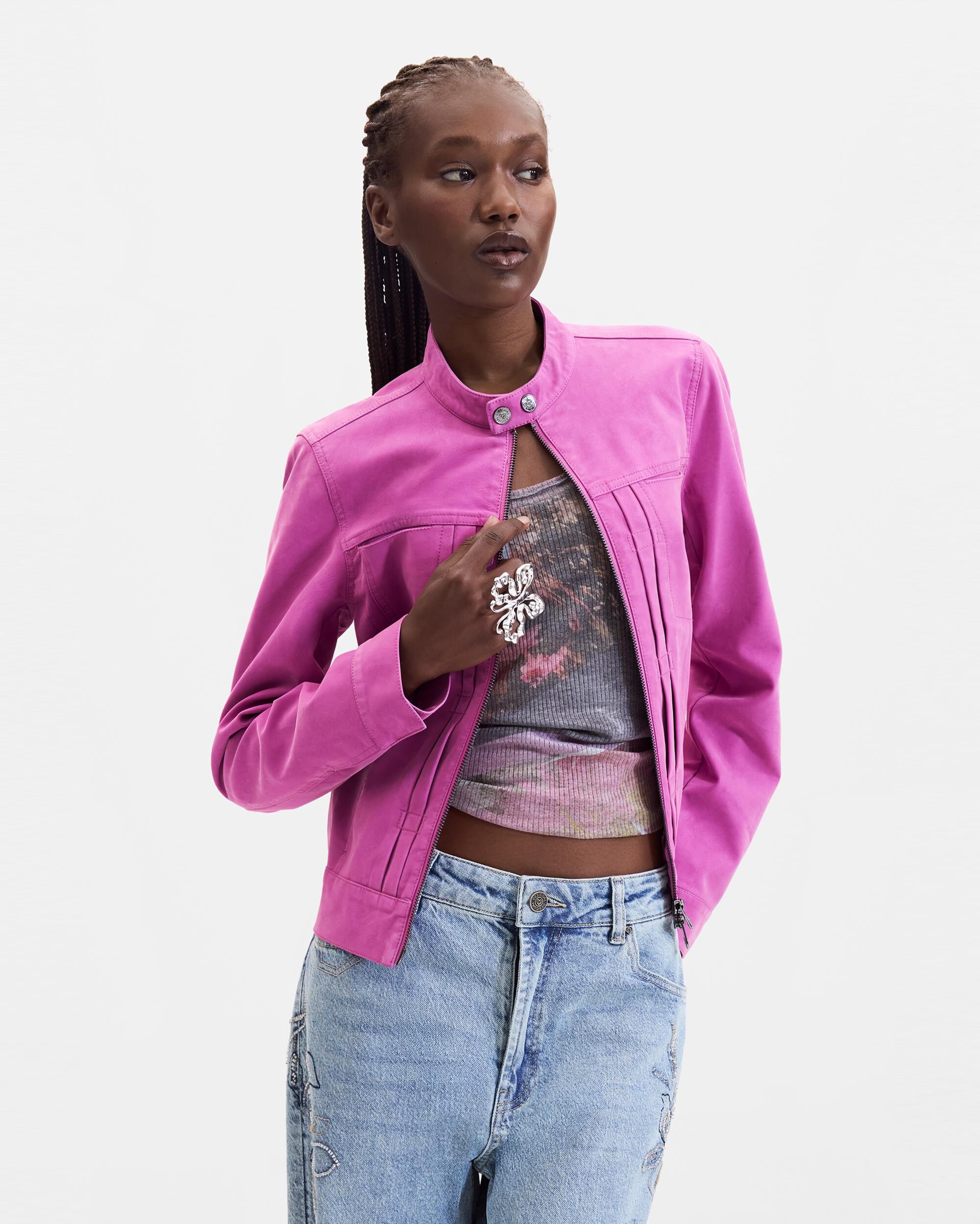Cazadora de mujer efecto piel corta - Desigual - Rosa Rosa-2