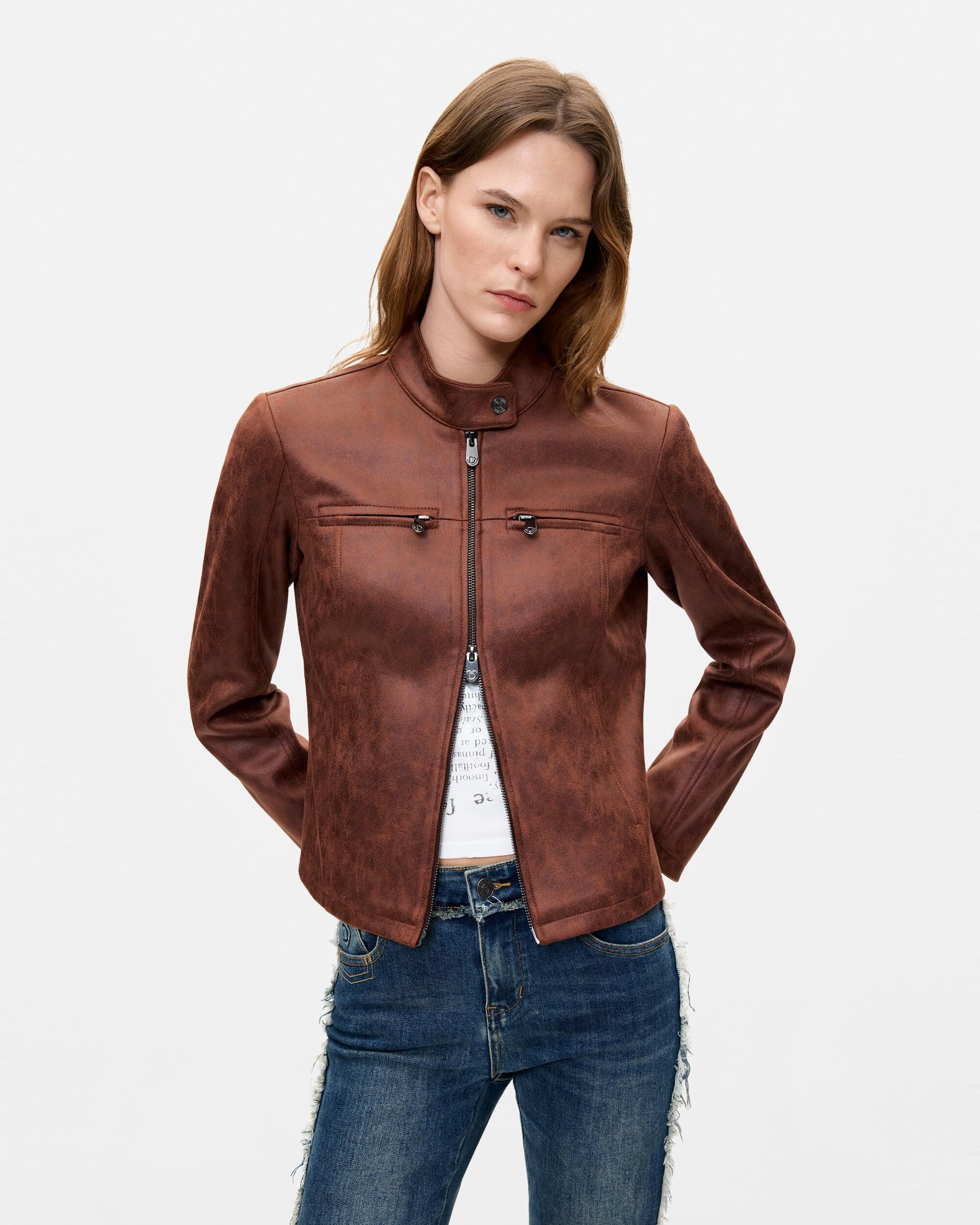 Cazadora de mujer efecto piel - Desigual - Marrón Marrón-2