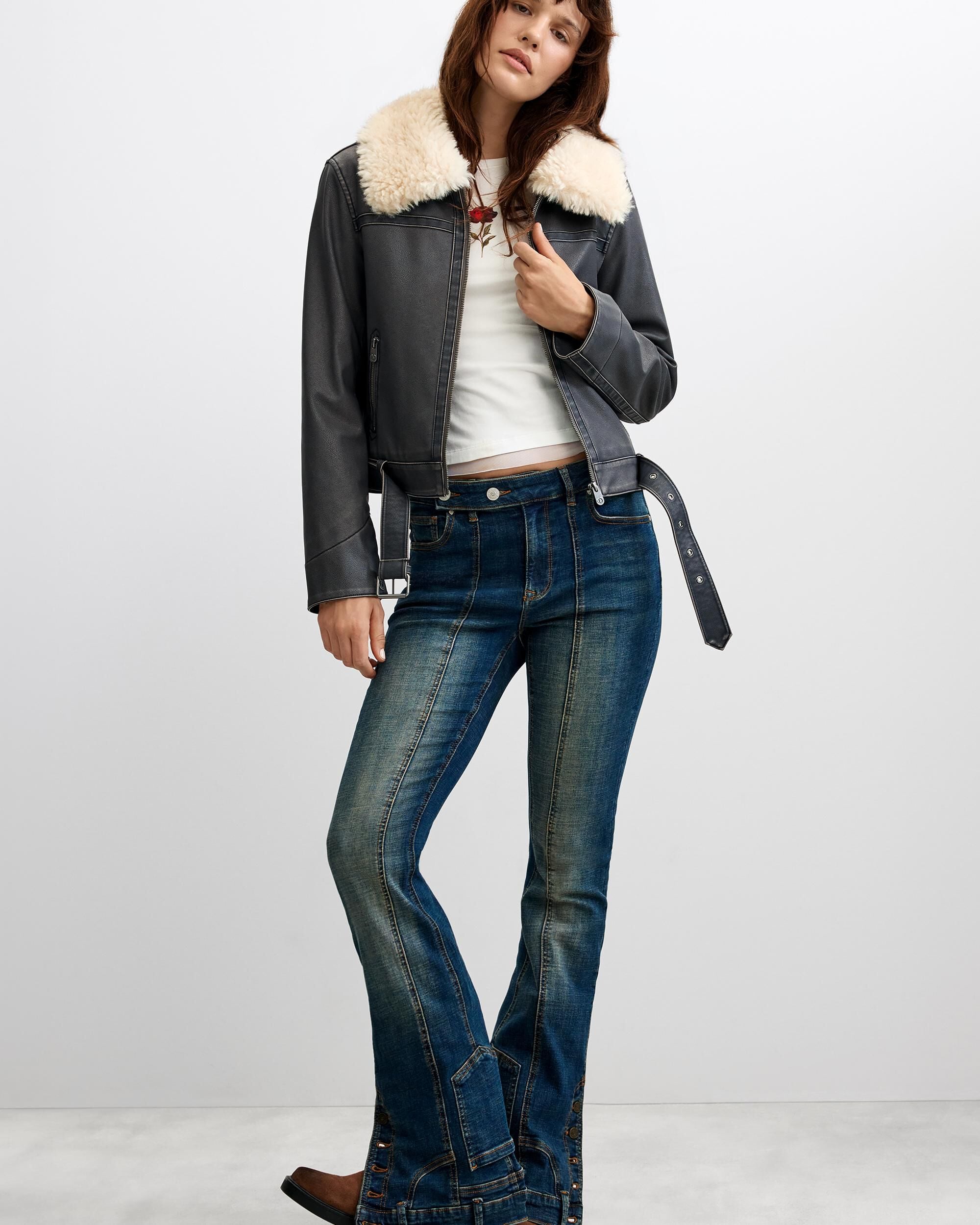 Cazadora de mujer efecto piel cuello pelo - Desigual - Gris Gris-1