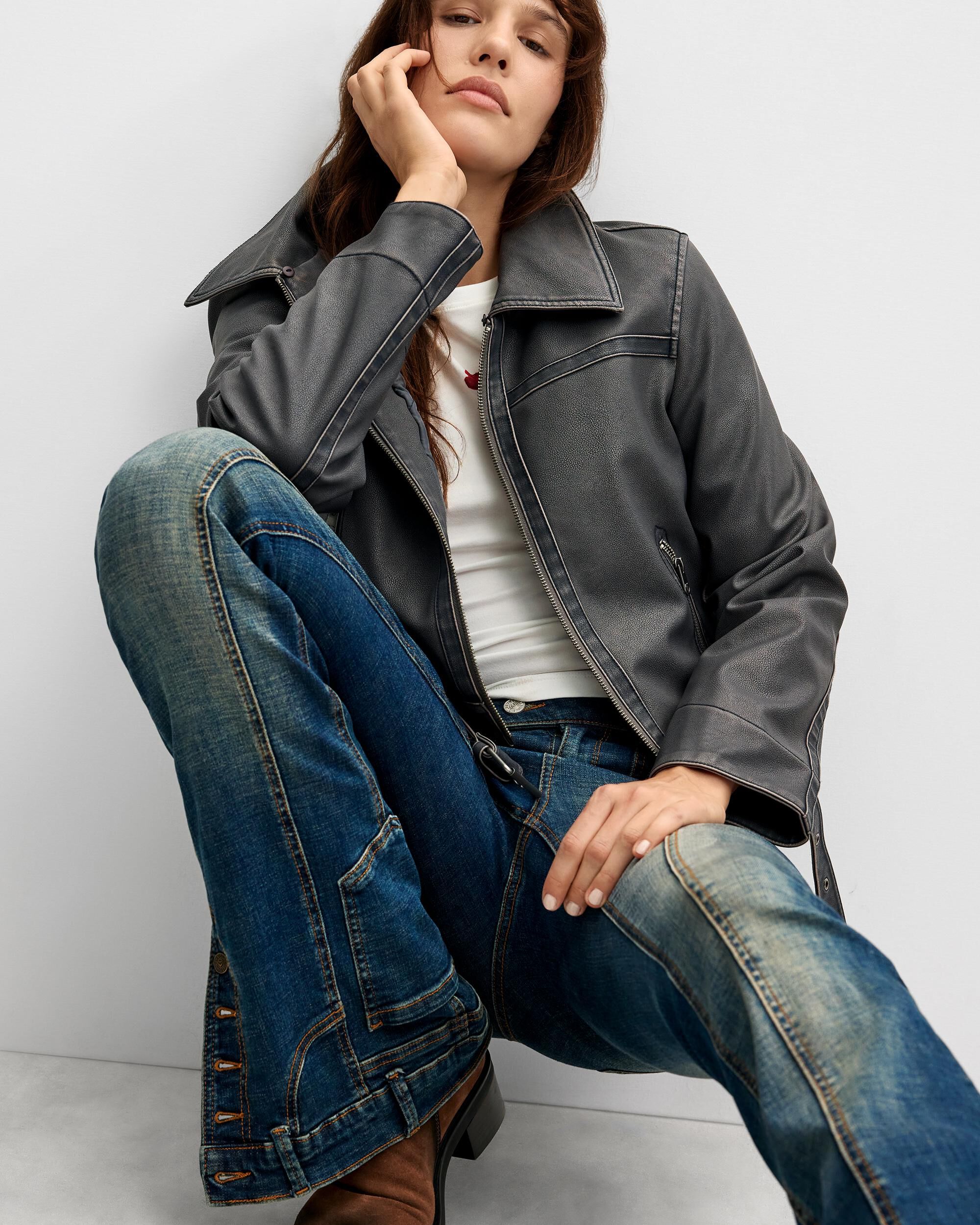 Cazadora de mujer efecto piel cuello pelo - Desigual - Gris Gris-2