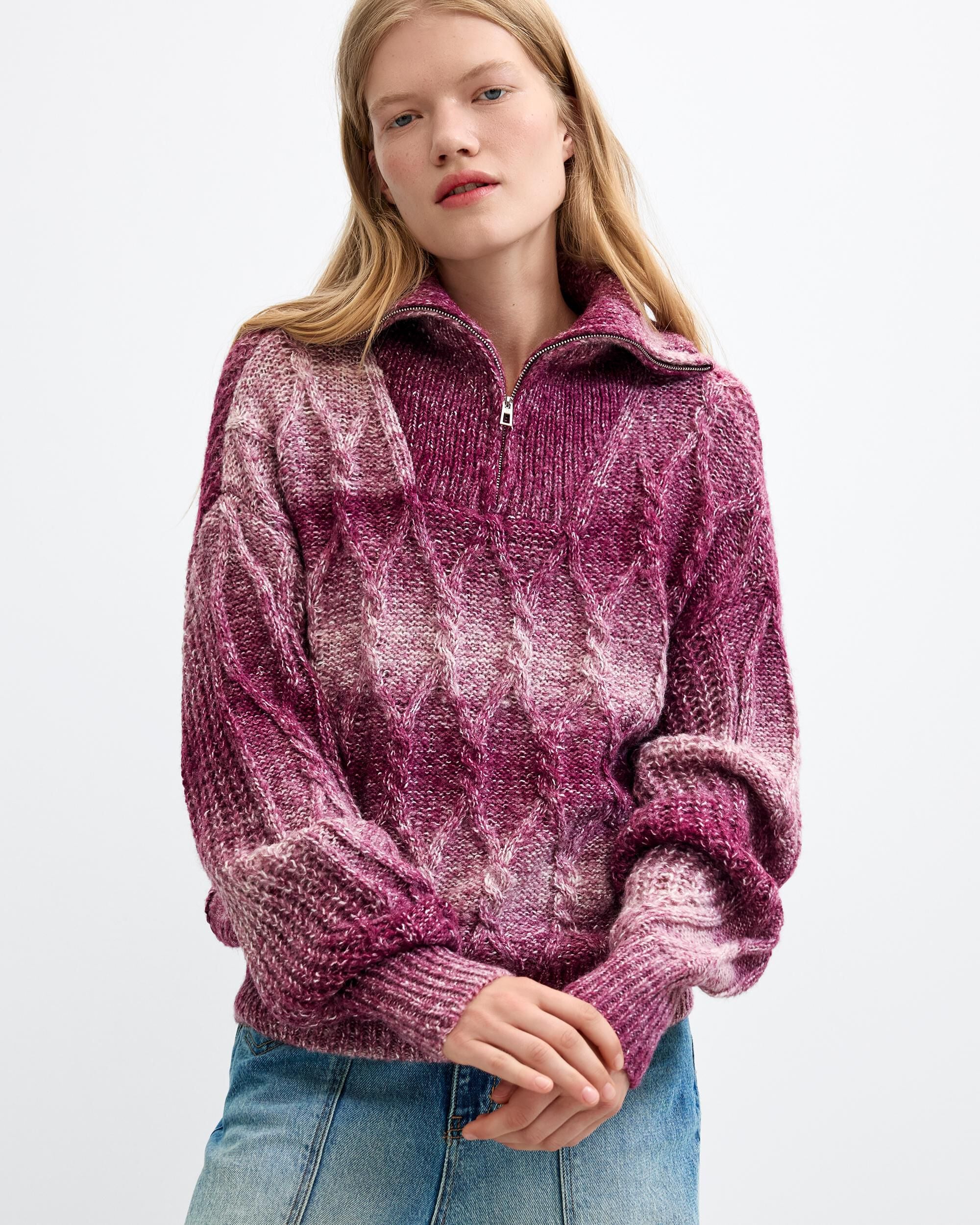 Jersey de mujer punto grueso cremallera - Desigual - Rojo Rojo-1